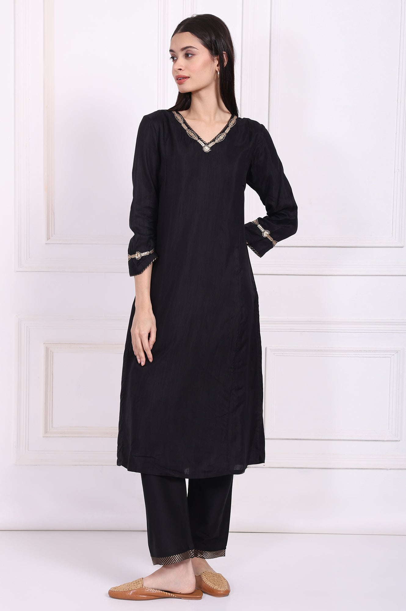 Women Black Embroidered Straight Kurta Trousers With Dupatta  Set