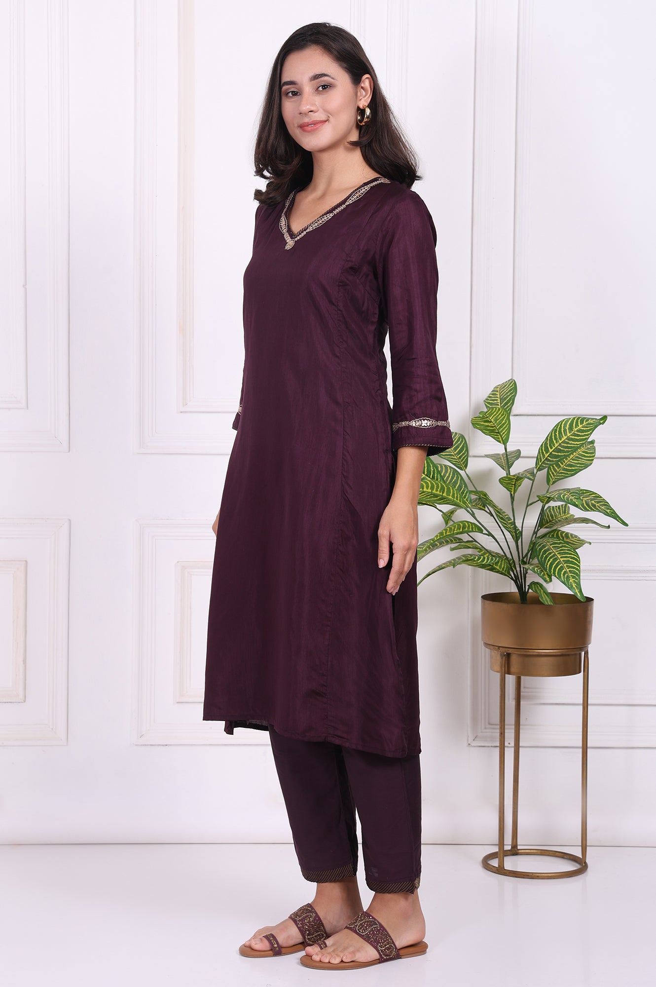 Maroon Embroidered Silk Straight Kurta, Pants and Dupatta Set