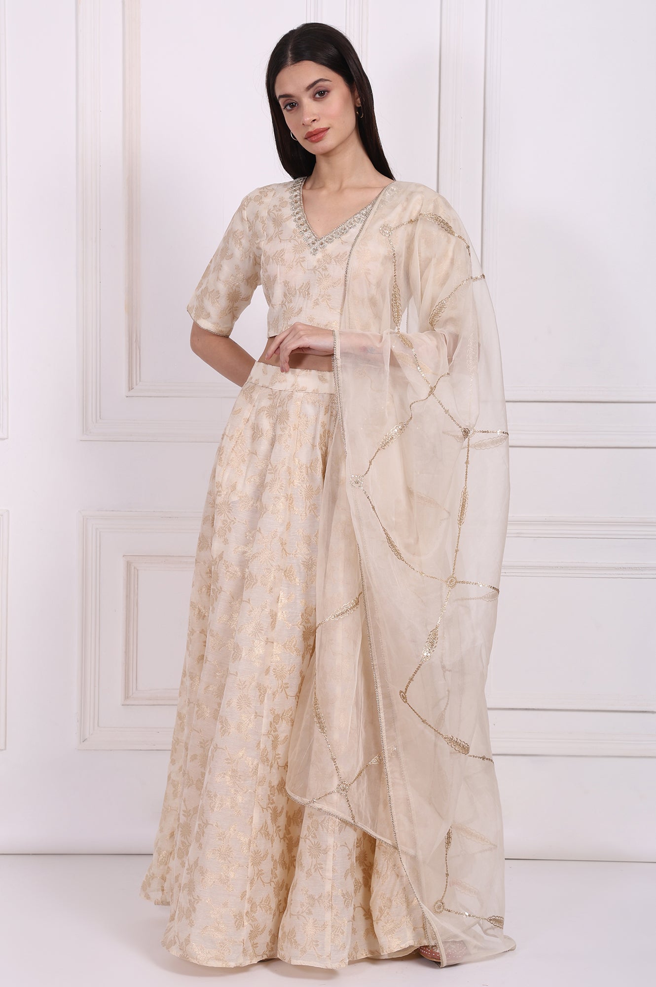 Cream Embellished Maxi Jacquard Blouse with Skirt and Dupatta Set