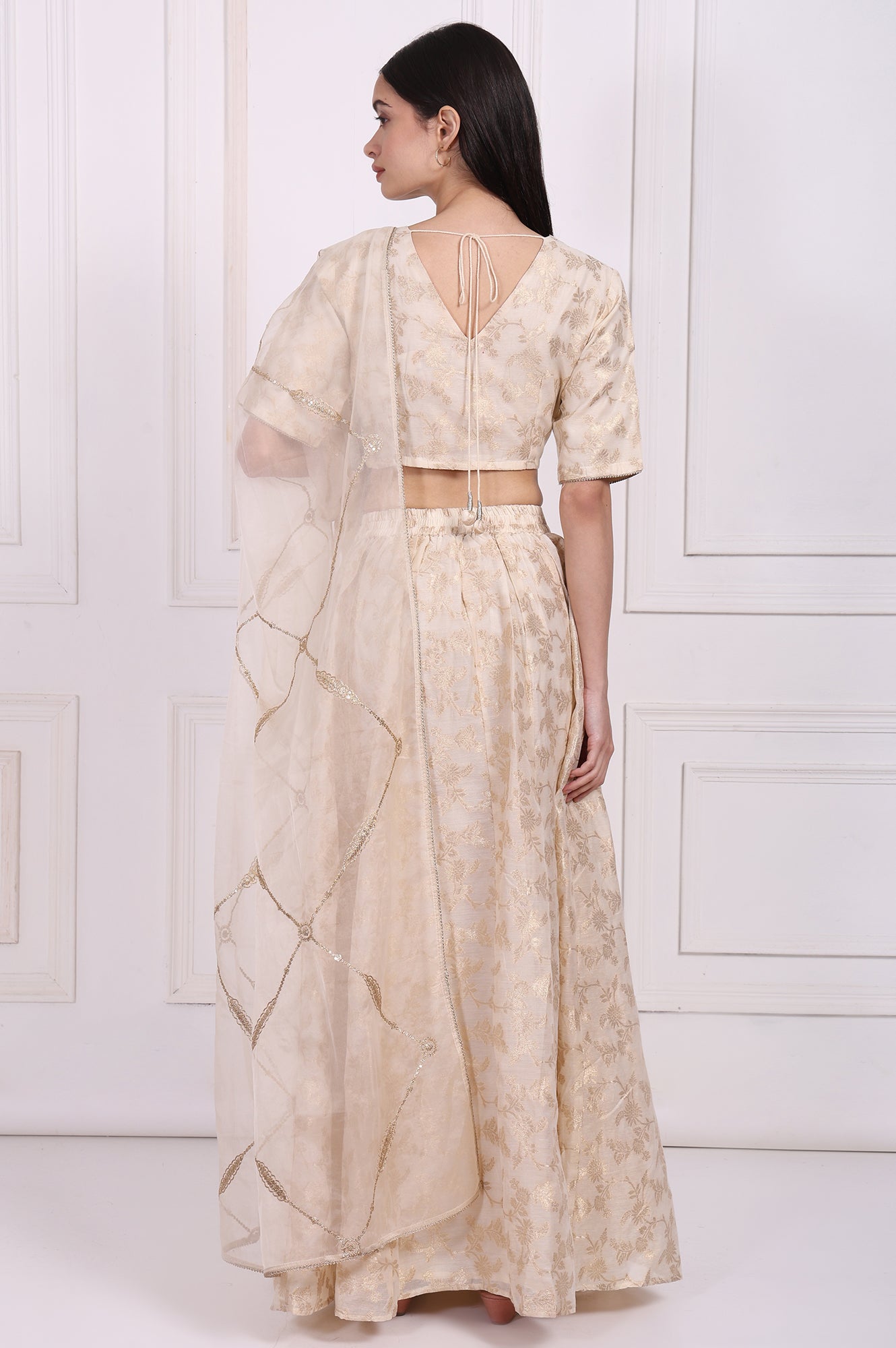Cream Embellished Maxi Jacquard Blouse with Skirt and Dupatta Set