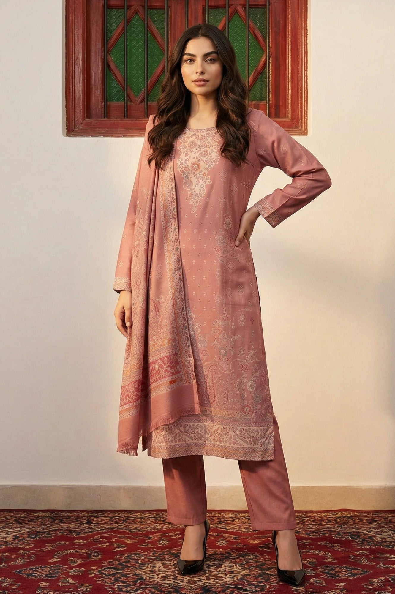 Pink Jacquard Straight Winter Kurta with Pants and Dupatta Set
