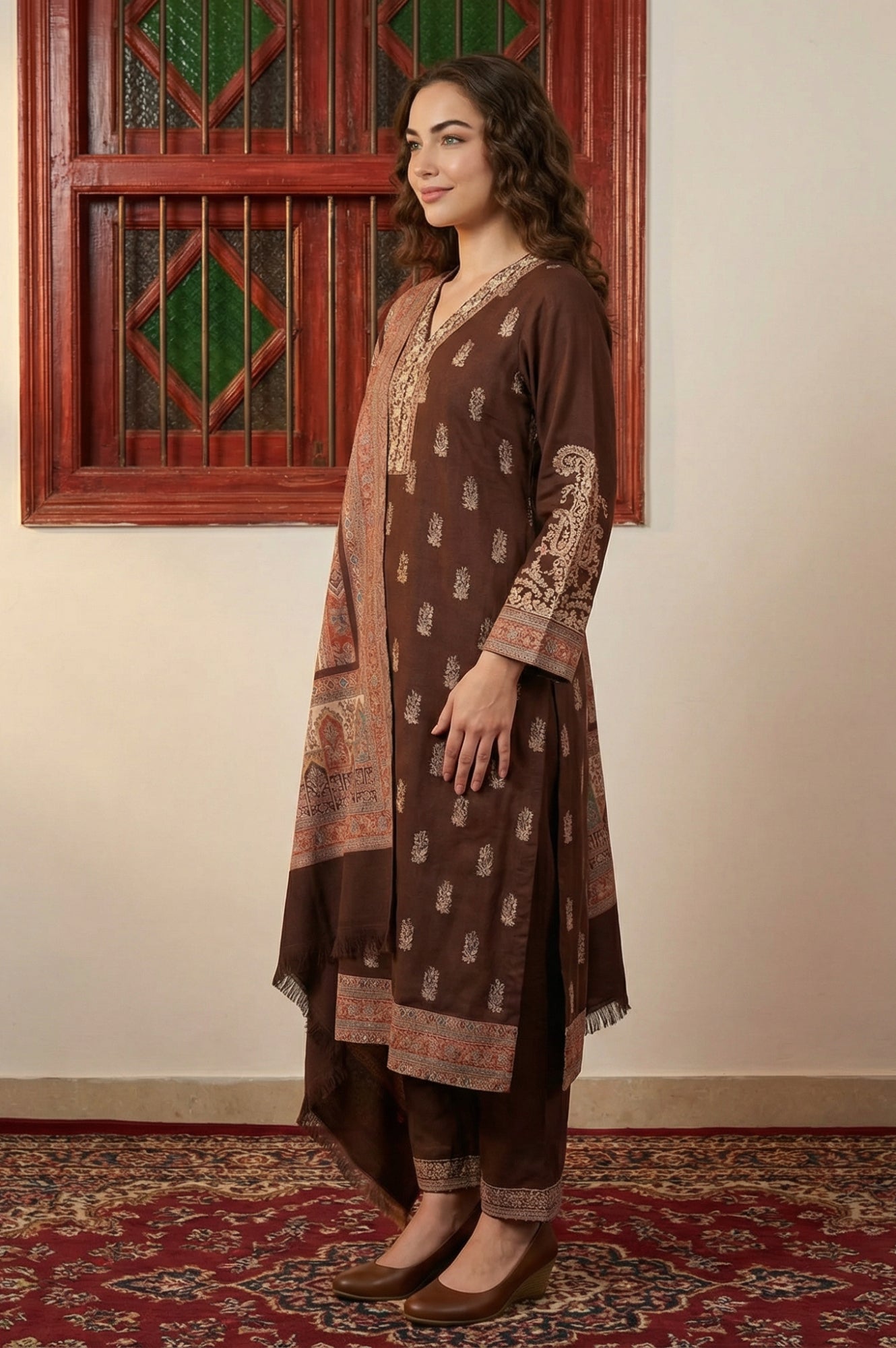 Coffee Brown Ethnic Motifs Thread Work Straight Kurta with Pants and Dupatta Set