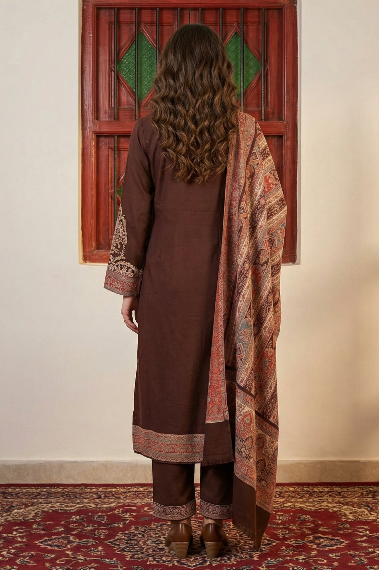 Coffee Brown Ethnic Motifs Thread Work Straight Kurta with Pants and Dupatta Set