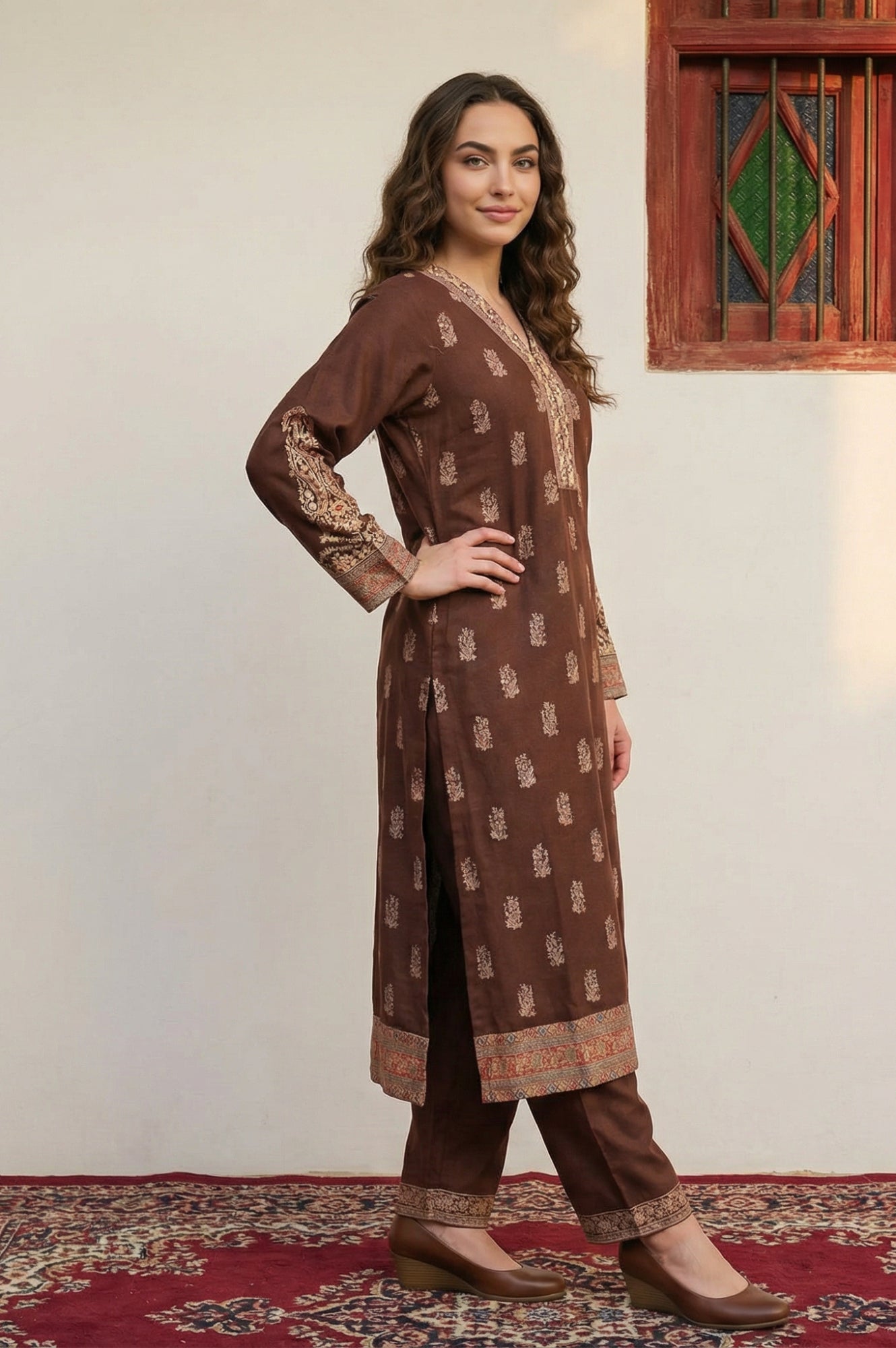 Coffee Brown Ethnic Motifs Thread Work Straight Kurta with Pants and Dupatta Set