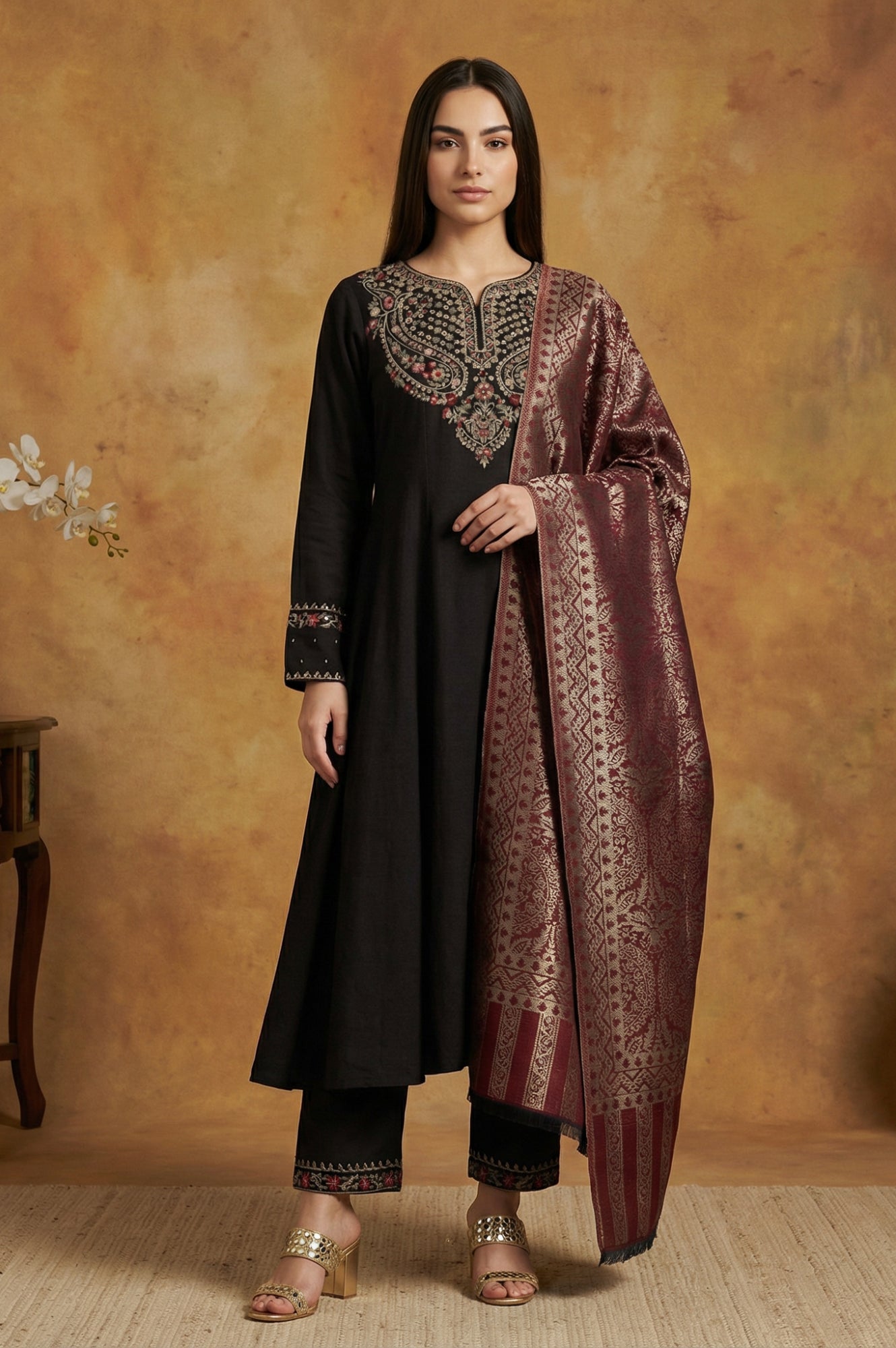 Black Solid Rayon Blend Straight Kurta with Straight Pant and Shawl Set