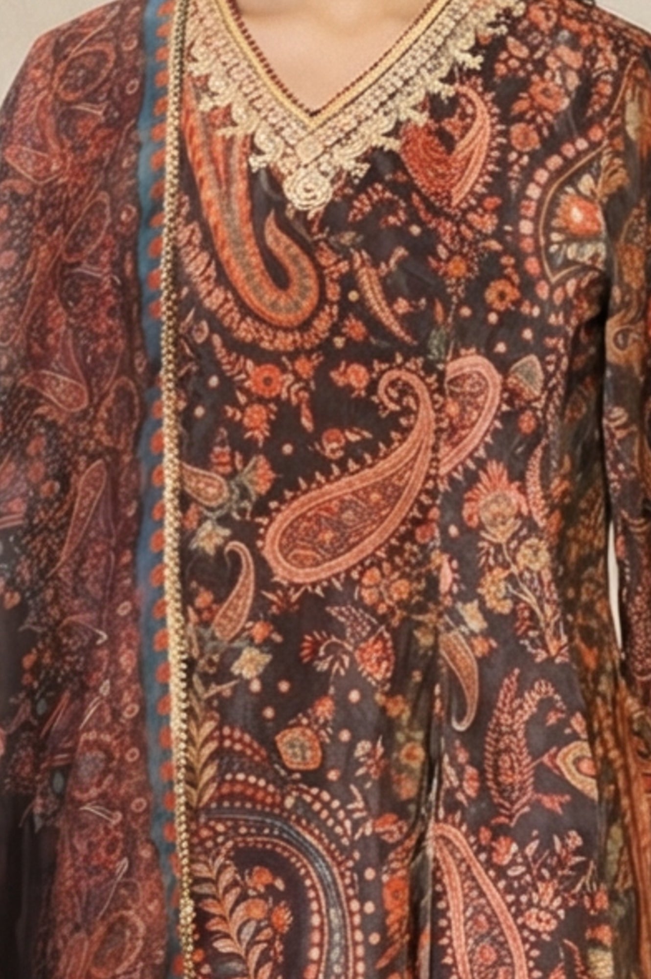 Coffee Brown Paisley Printed Thread Embroidered Velvet A-line Winter Kurta with Straight Pants and Dupatta Set