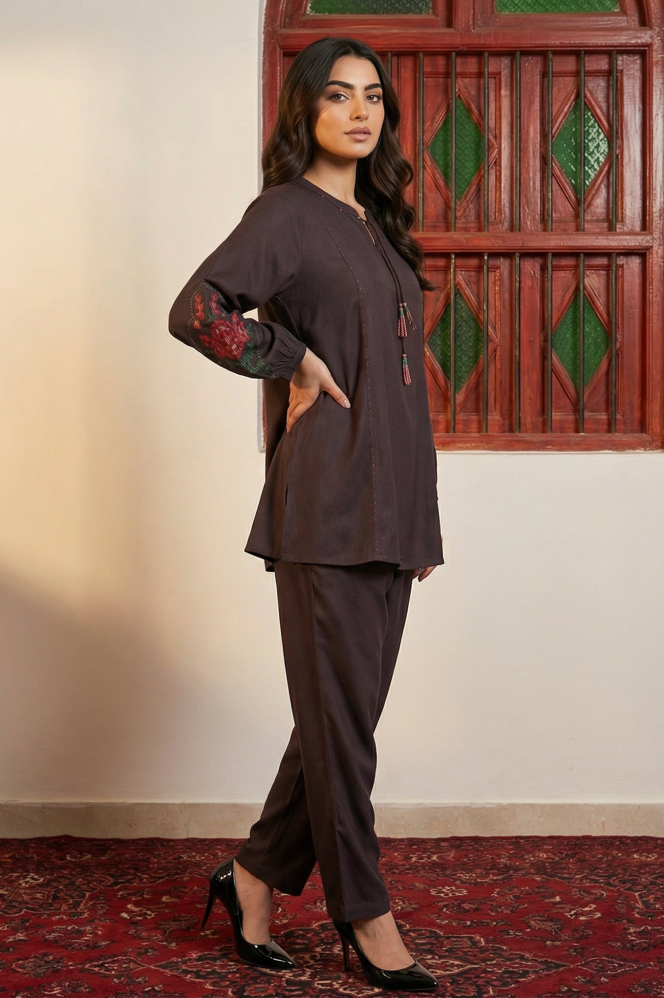 Brown Thread Embroidered Straight Winter Kurta with Pants Co-ord Set