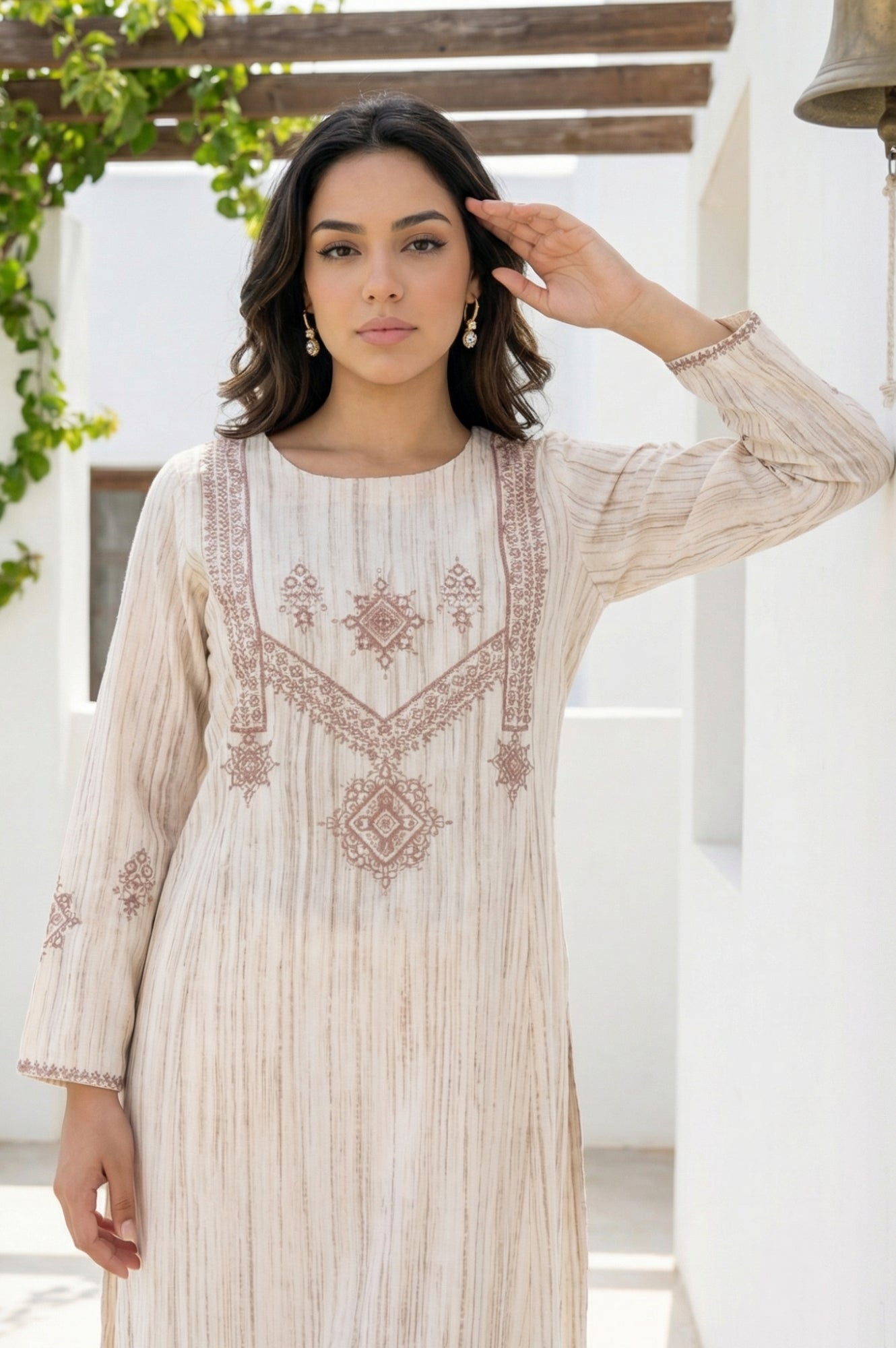 Beige Thread Embroidered Rayon Straight Winter Kurta with Pants Co-ord Set