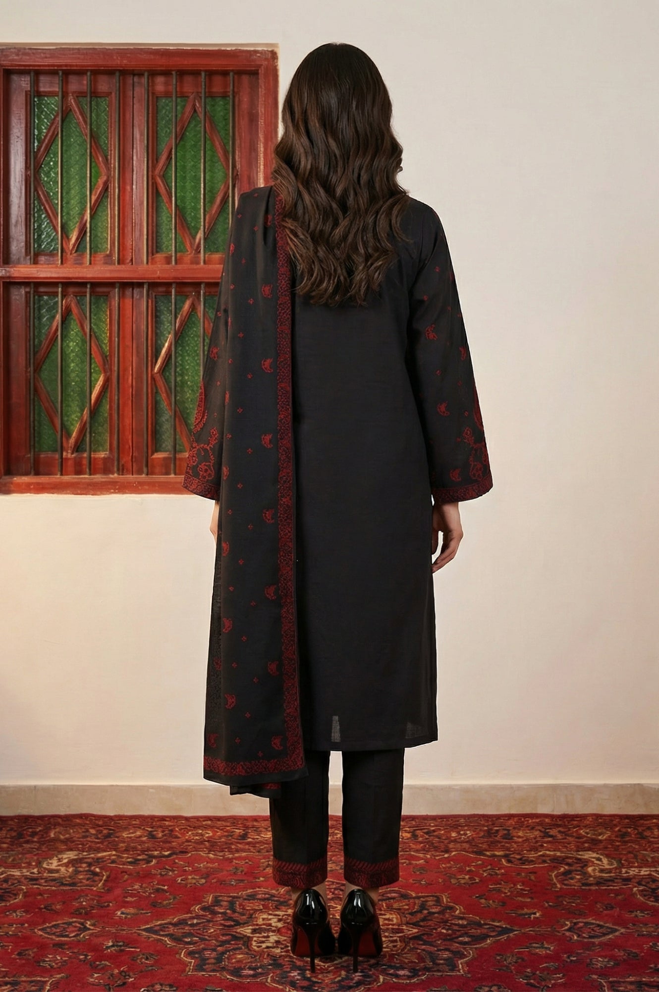 Black Floral Printed Jacquard Straight Kurta with Pants and Dupatta Set