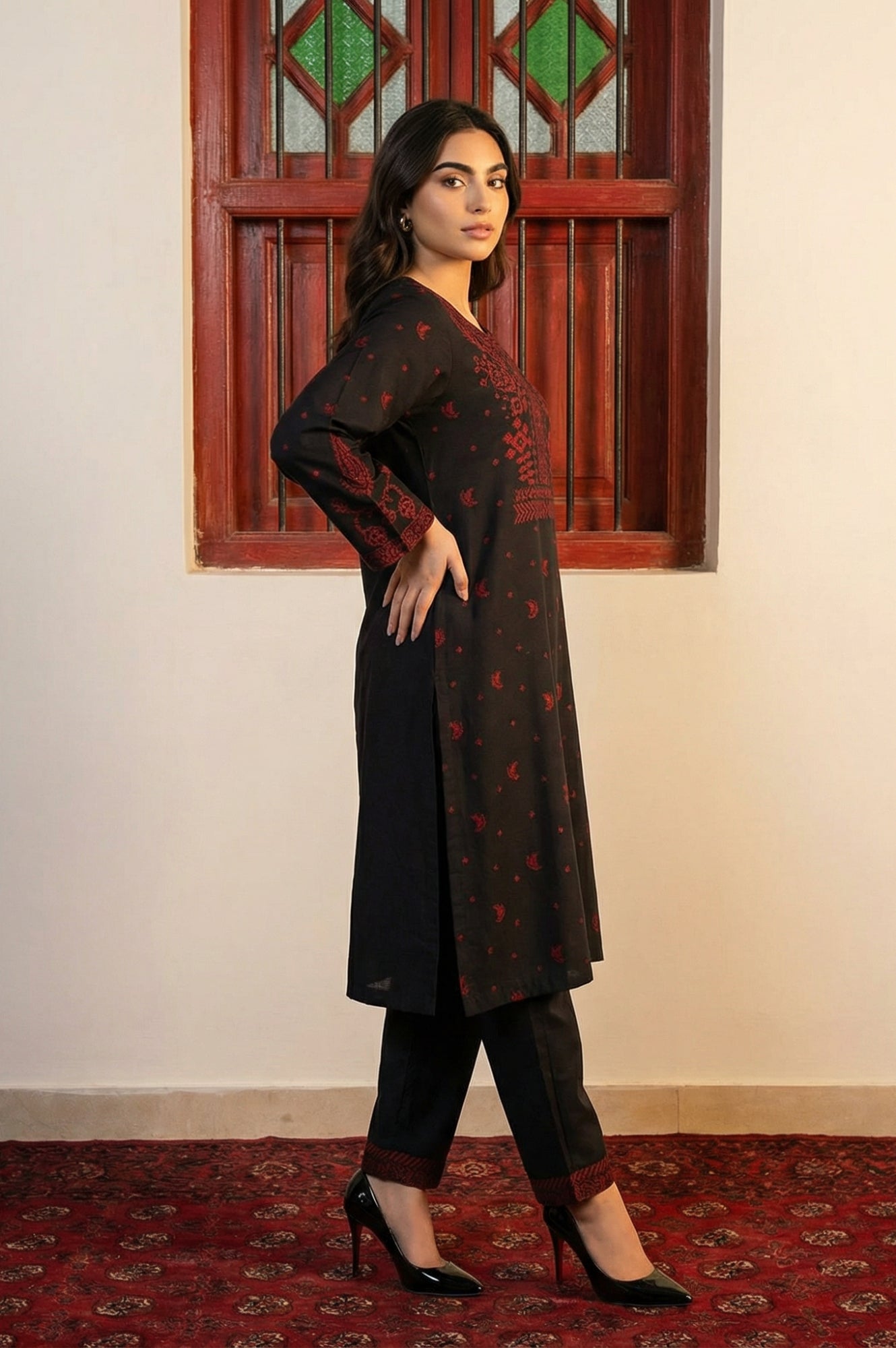 Black Floral Printed Jacquard Straight Kurta with Pants and Dupatta Set