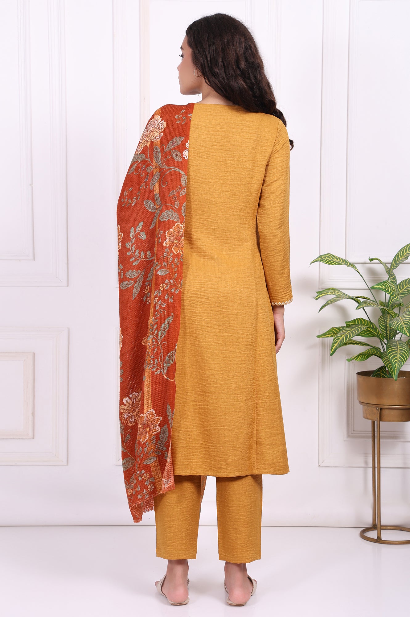 Mustard Floral Embroidered Straight Kurta with Straight Pant and Dupatta Set