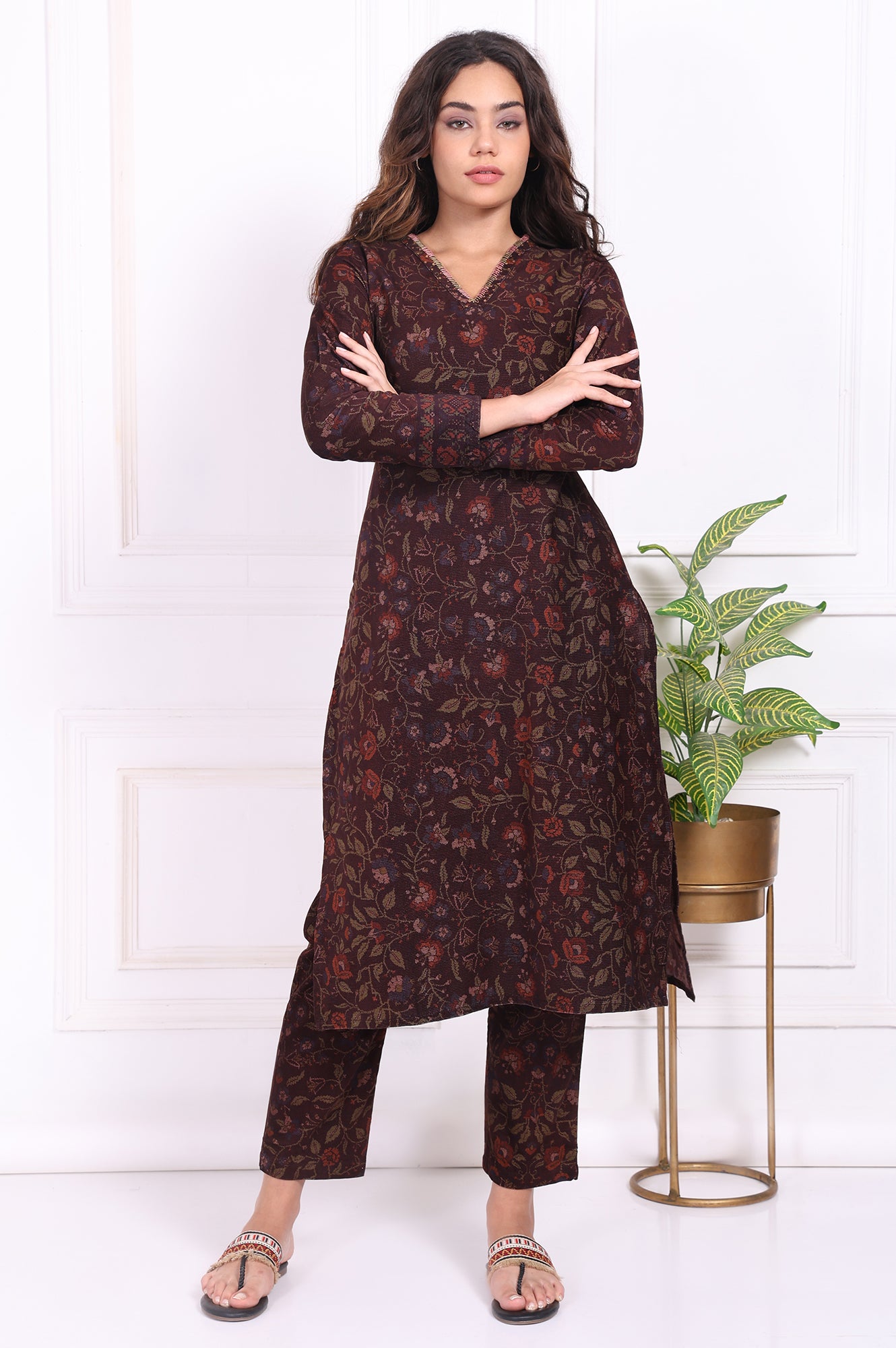 Maroon Floral Printed Straight Cotton Kurta with Trousers Set