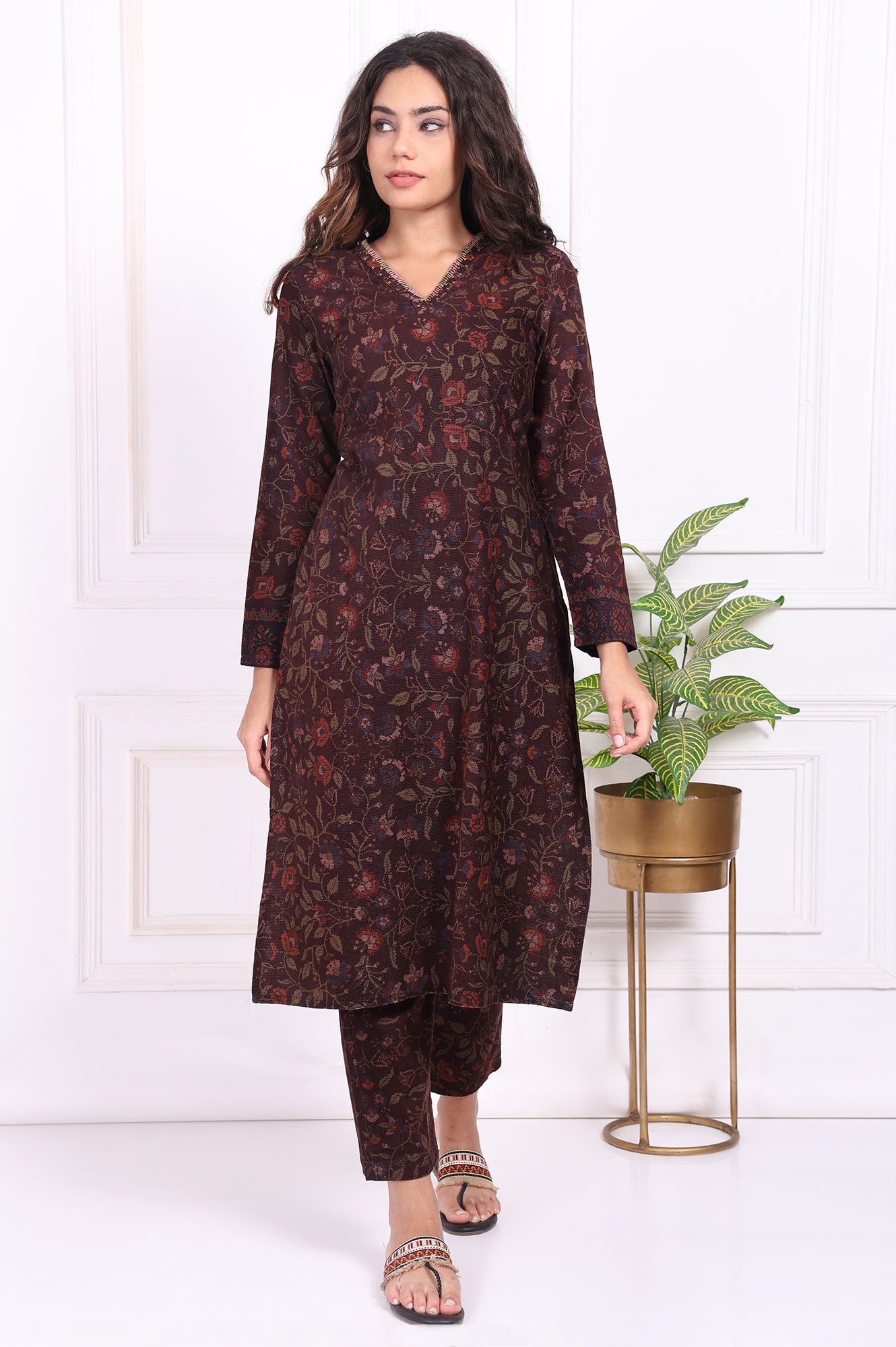 Maroon Floral Printed Straight Cotton Kurta with Trousers Set