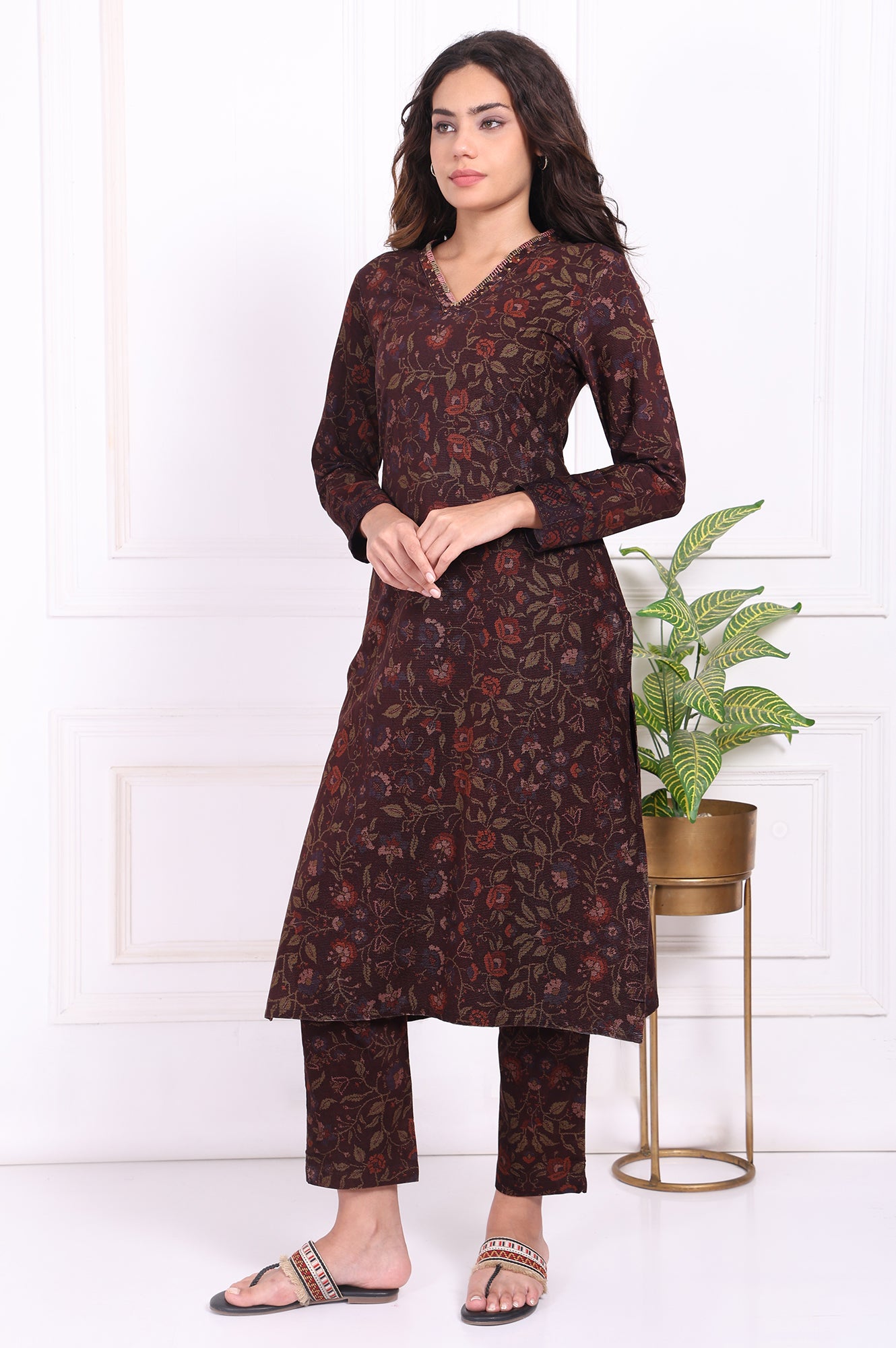 Maroon Floral Printed Straight Cotton Kurta with Trousers Set