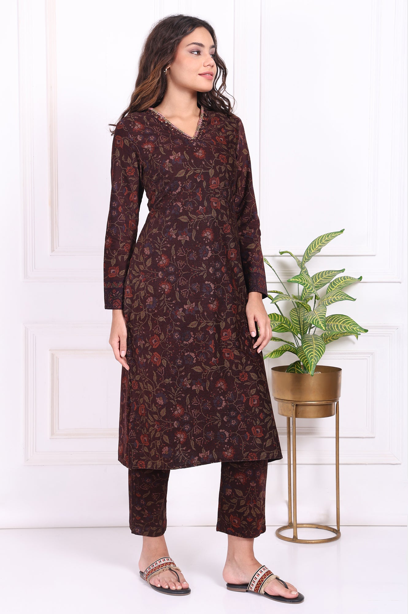 Maroon Floral Printed Straight Cotton Kurta with Trousers Set