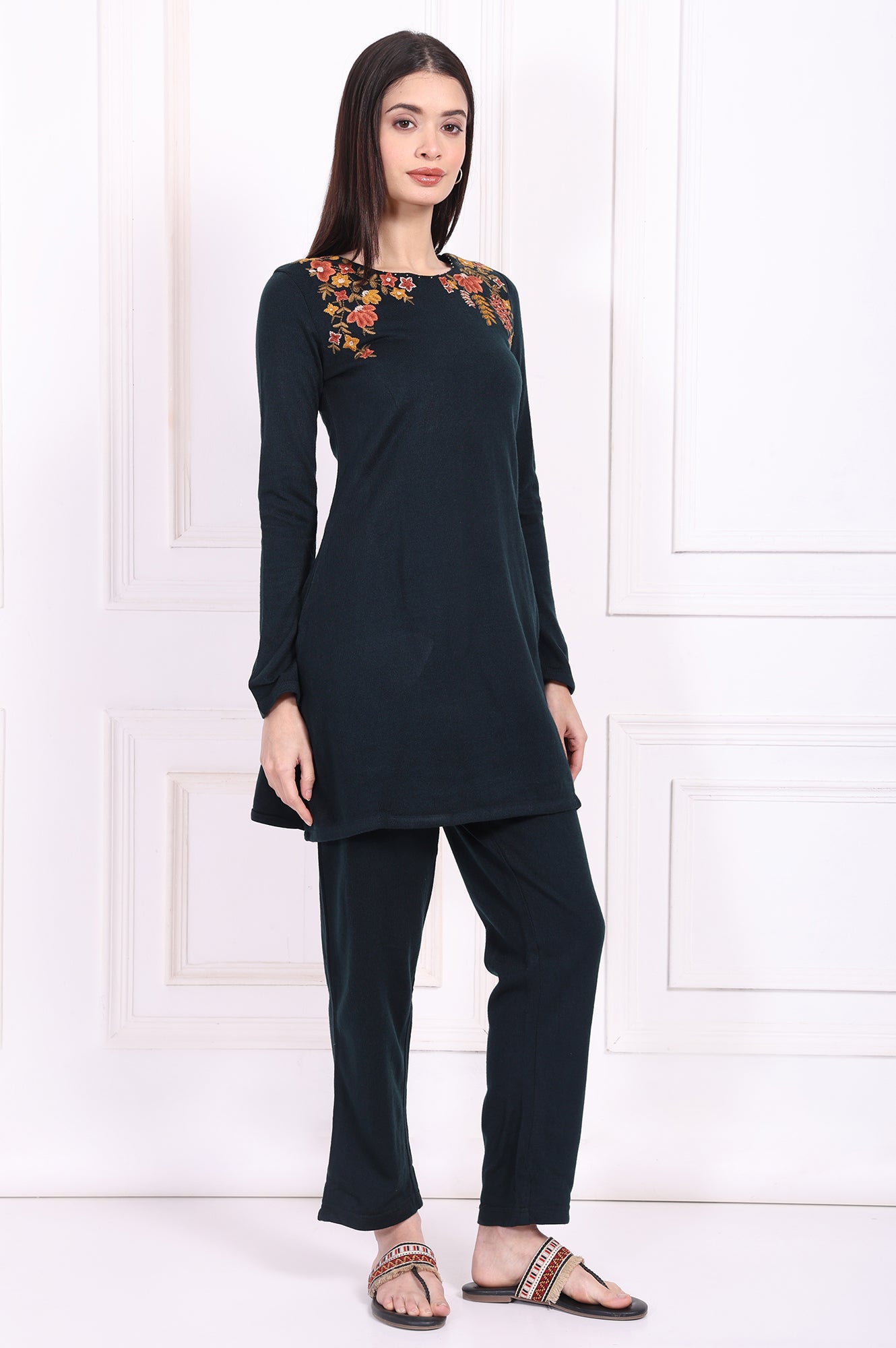 Green Embroidered A-Line Acrylic Kurta with Straight Pant