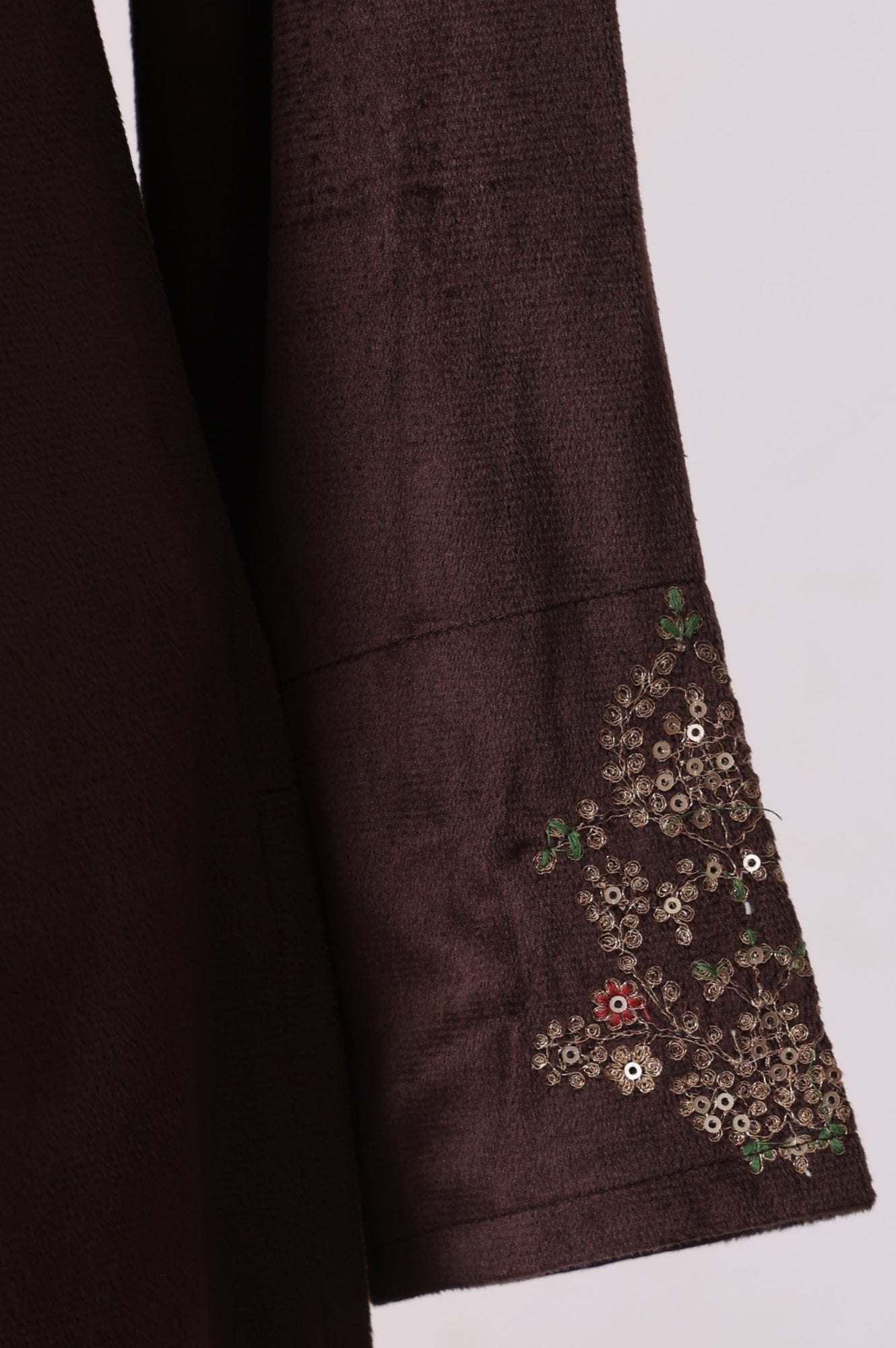 Brown Zari Embroidered Straight Velvet Kurta with Pants and Dupatta Set