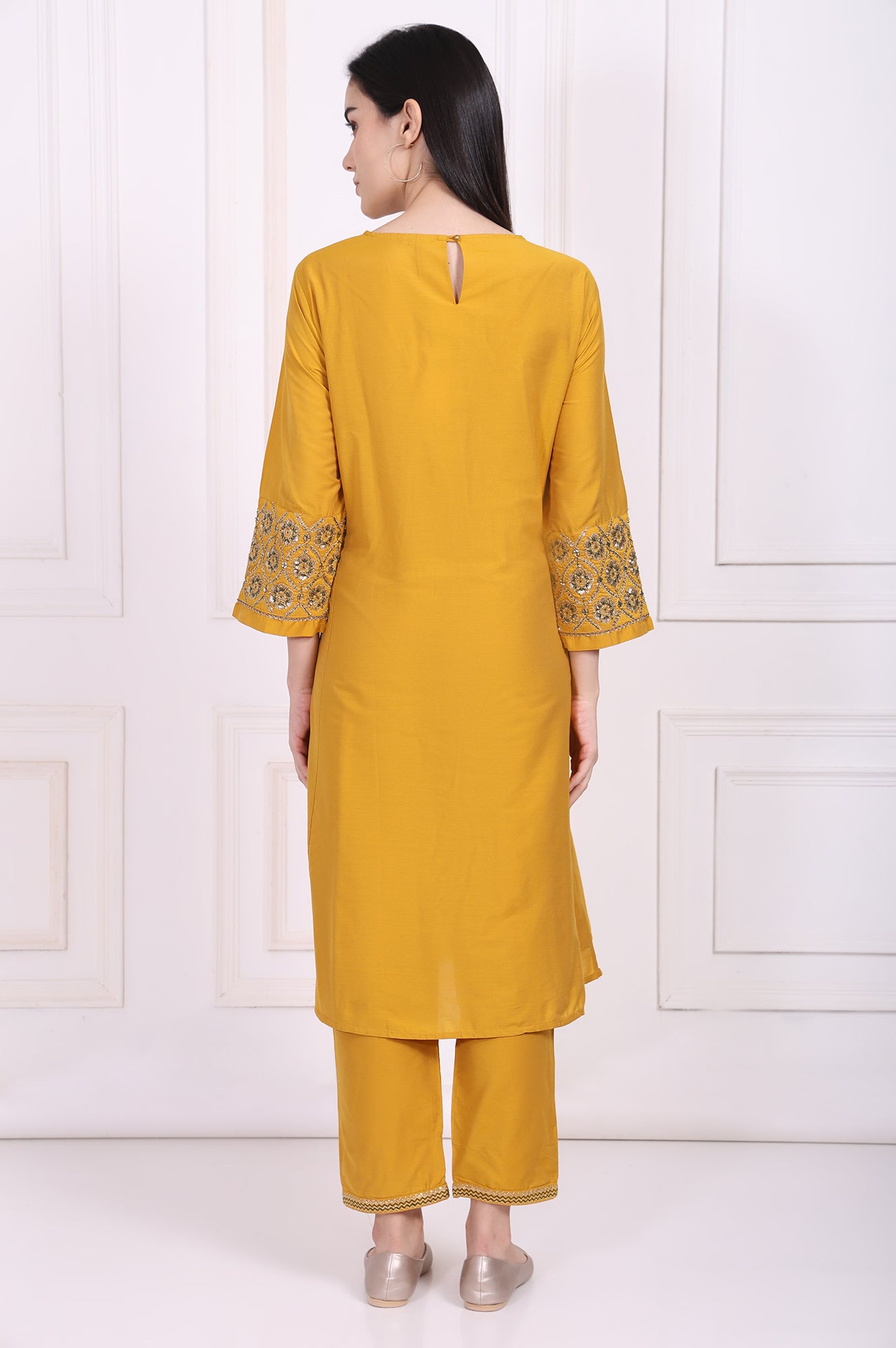 Yellow Embroidered A-Line Rayon Kurta with Straight Pant