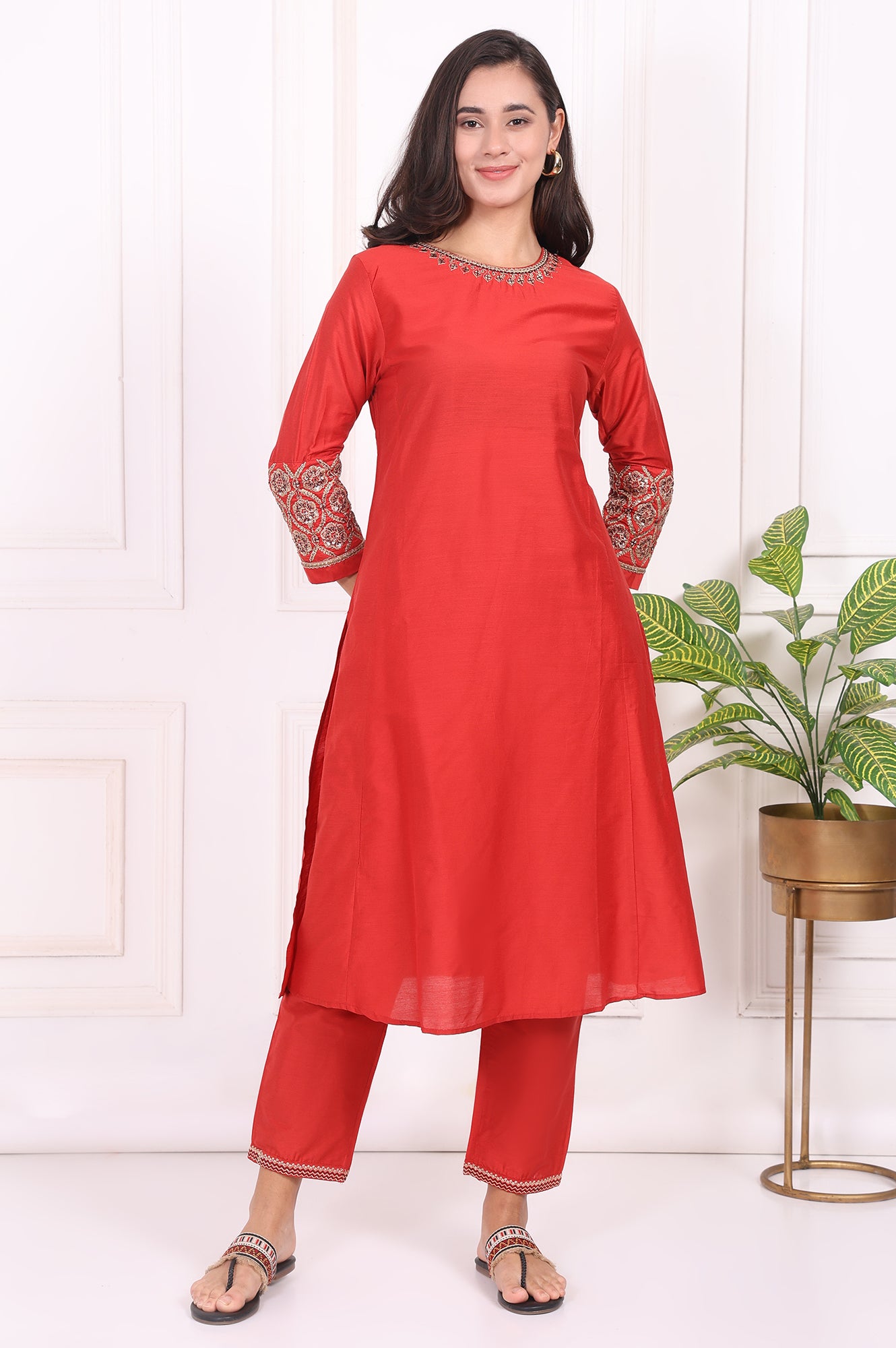 Red Solid Embroidered Straight Kurta and Straight Pants Set
