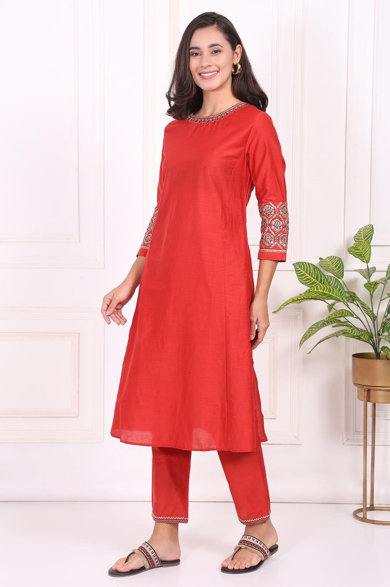 Red Solid Embroidered Straight Kurta and Straight Pants Set