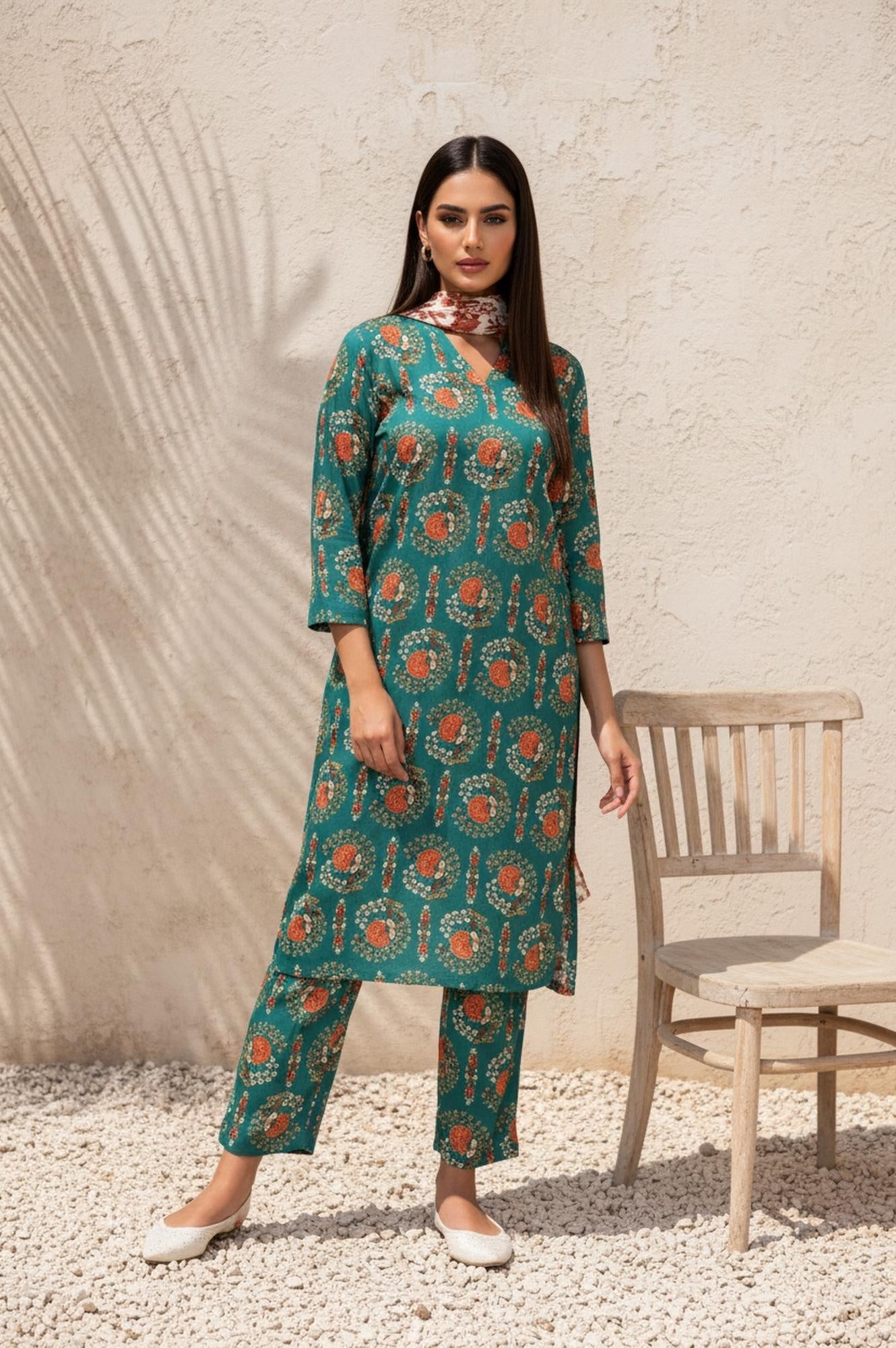 Green Floral Printed Straight Rayon Kurta with Trouser and Dupatta Set