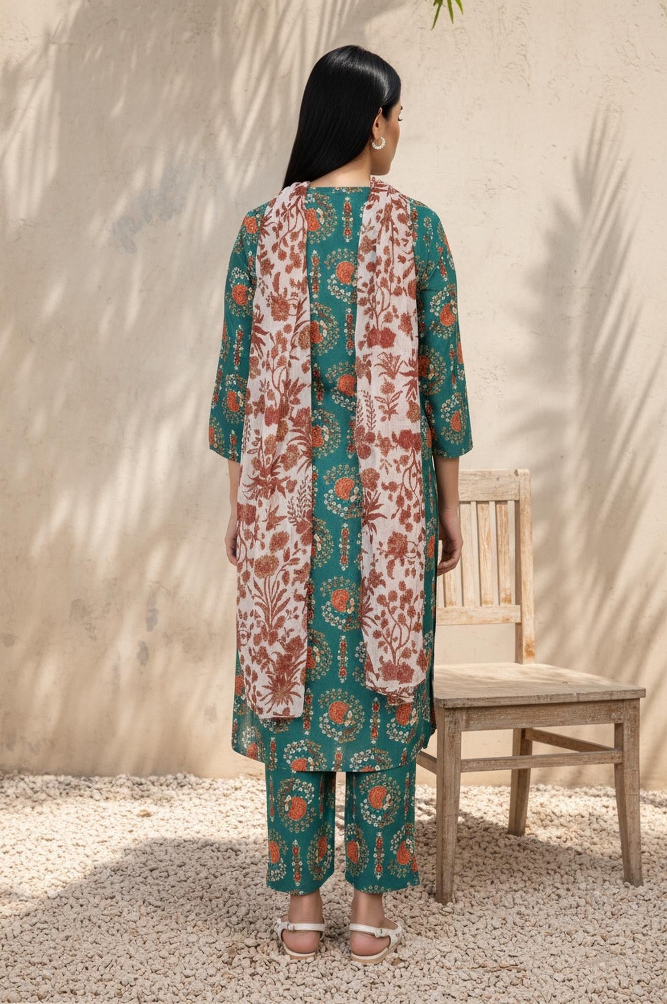 Green Floral Printed Straight Rayon Kurta with Trouser and Dupatta Set