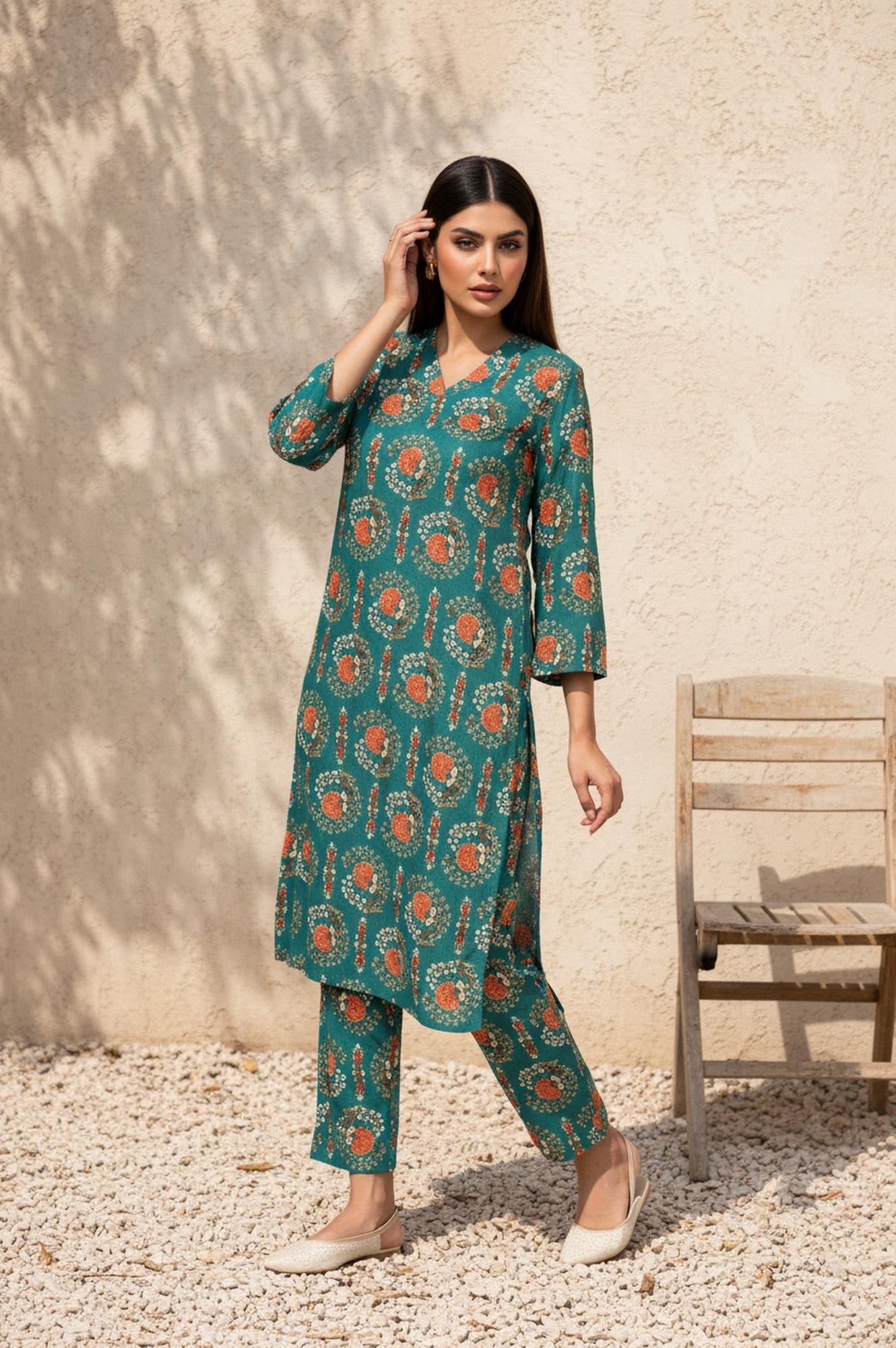 Green Floral Printed Straight Rayon Kurta with Trouser and Dupatta Set