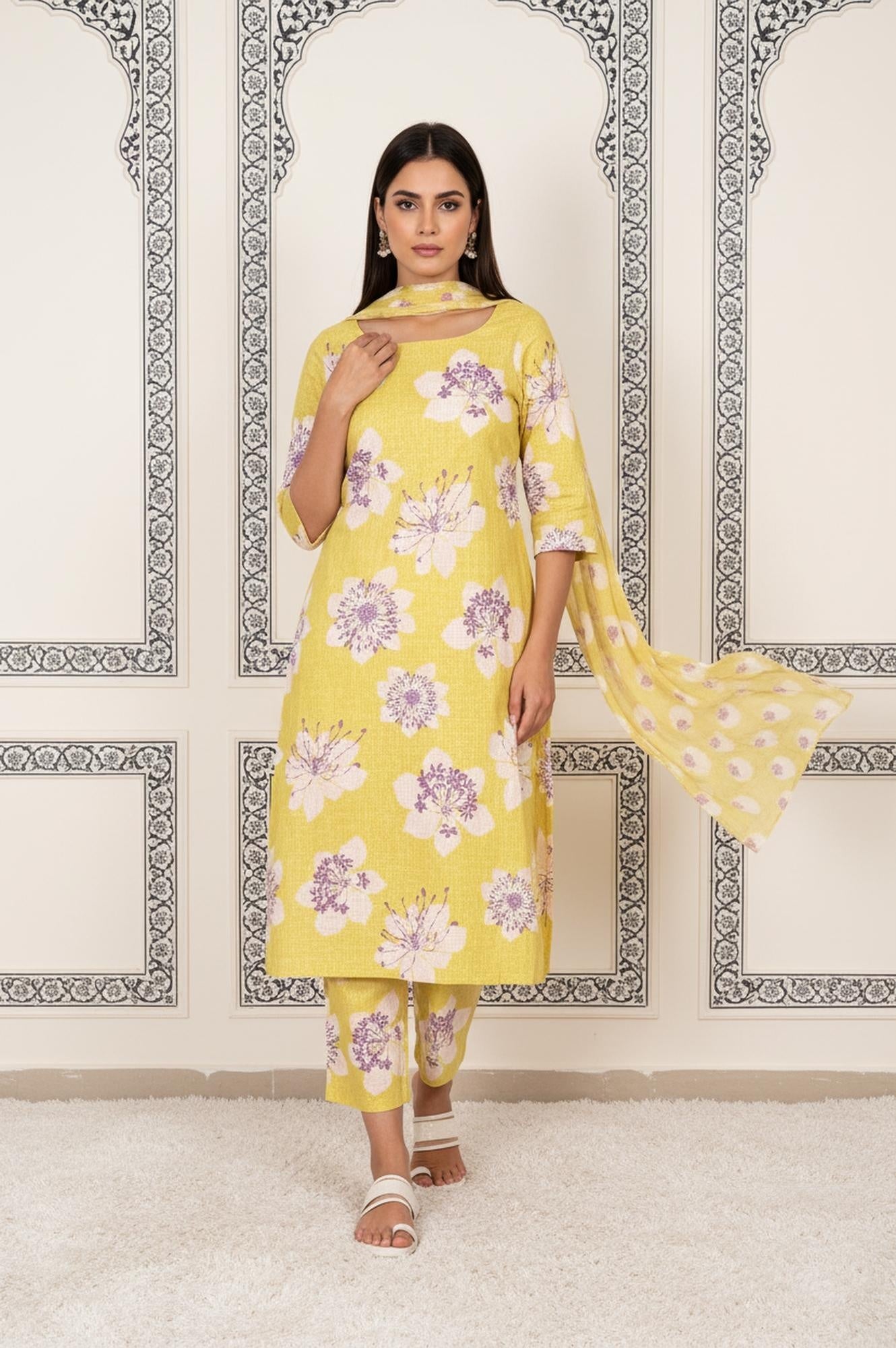 Yellow Floral Printed Straight Cotton Kurta with Straight Pant and Dupatta Set