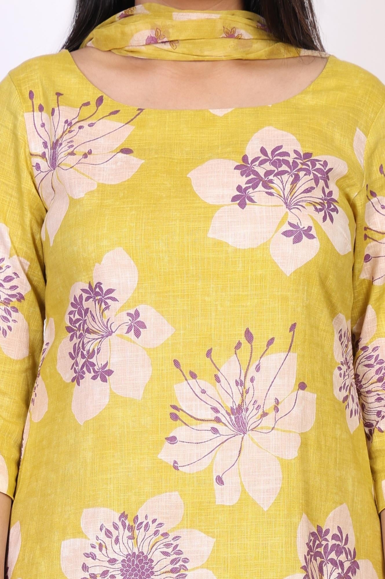 Yellow Floral Printed Straight Cotton Kurta with Straight Pant and Dupatta Set