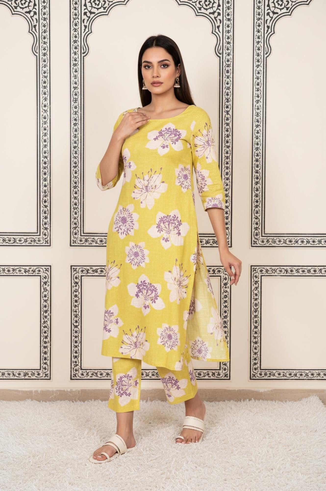 Yellow Floral Printed Straight Cotton Kurta with Straight Pant and Dupatta Set