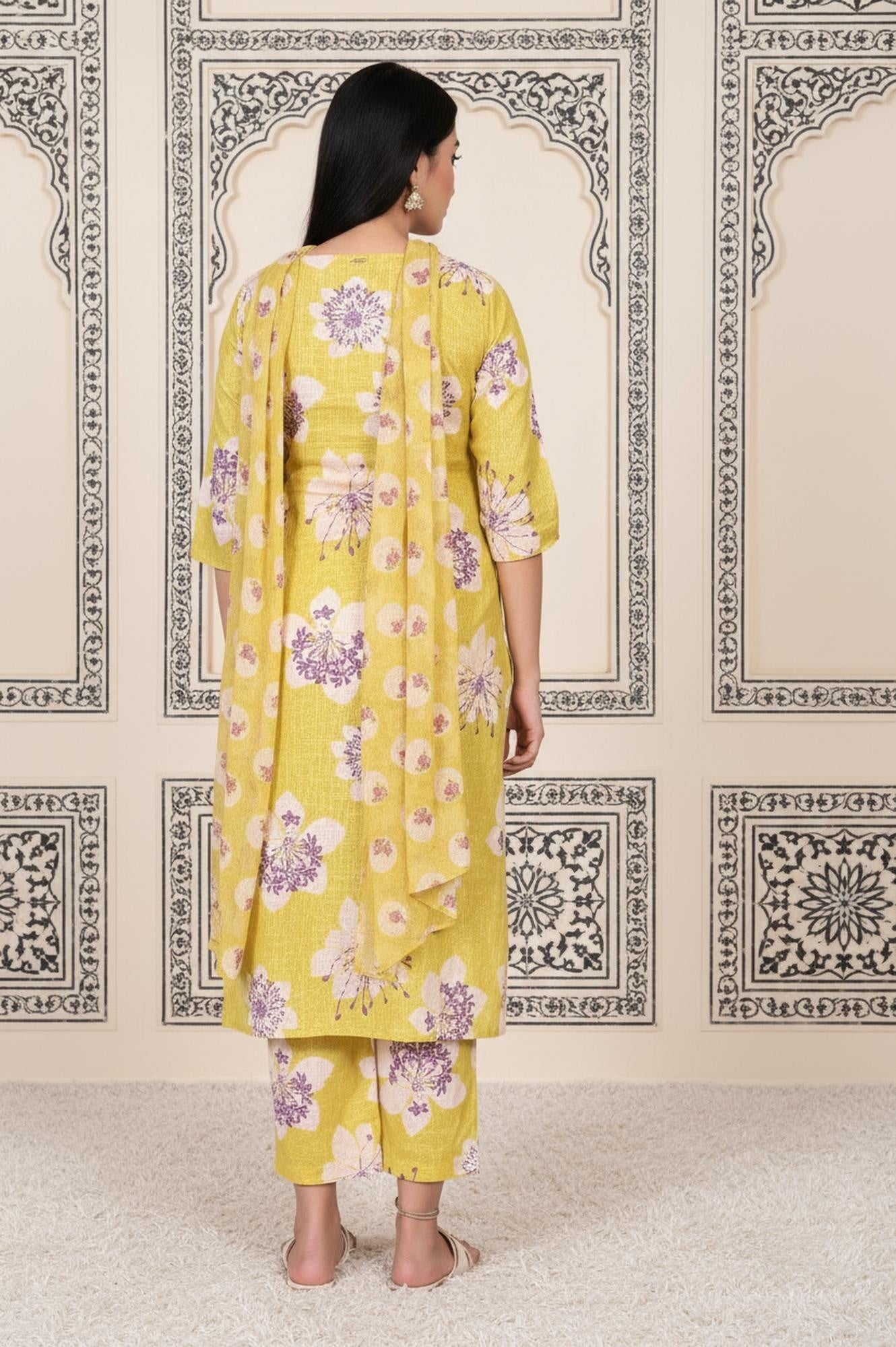 Yellow Floral Printed Straight Cotton Kurta with Straight Pant and Dupatta Set