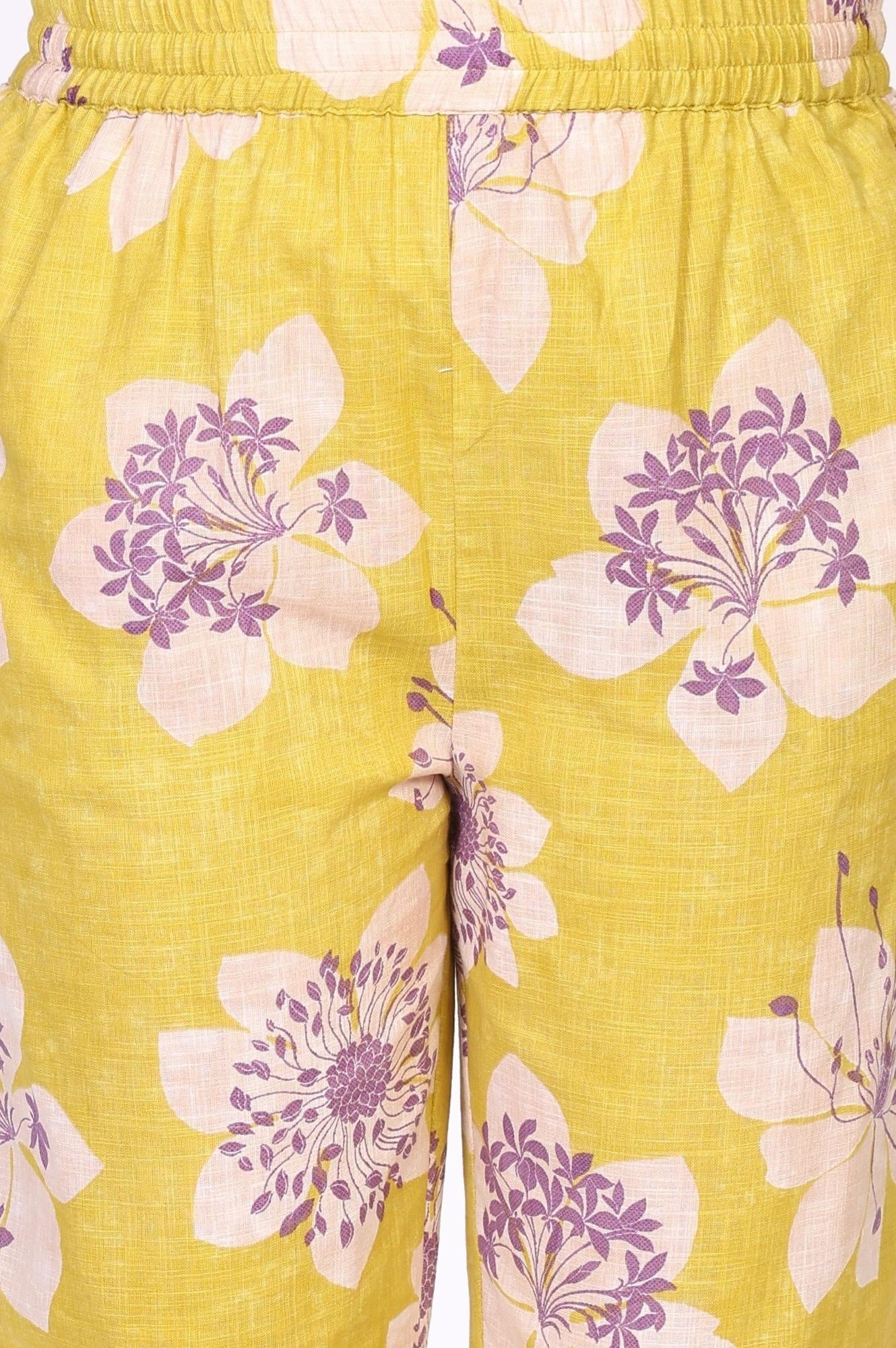 Yellow Floral Printed Straight Cotton Kurta with Straight Pant and Dupatta Set