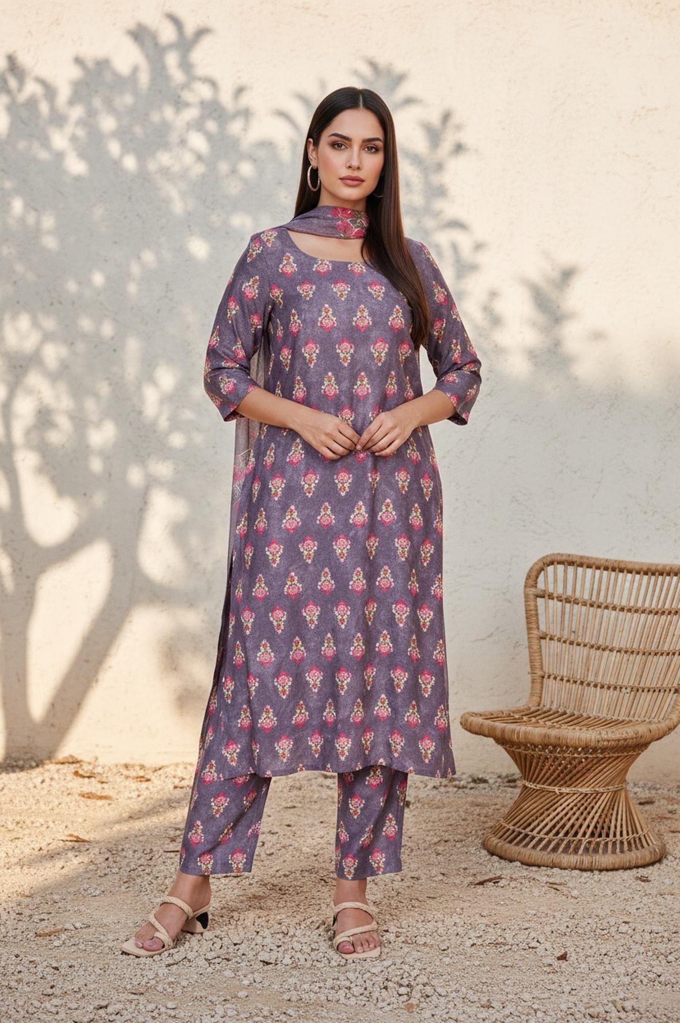 Purple Floral Printed Straight Cotton Kurta with Pant and Dupatta Set