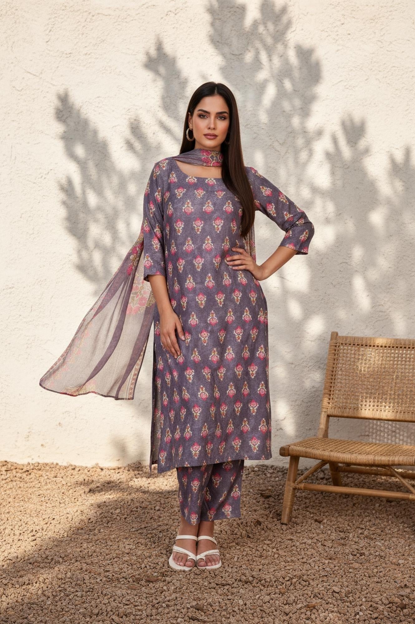 Purple Floral Printed Straight Cotton Kurta with Pant and Dupatta Set