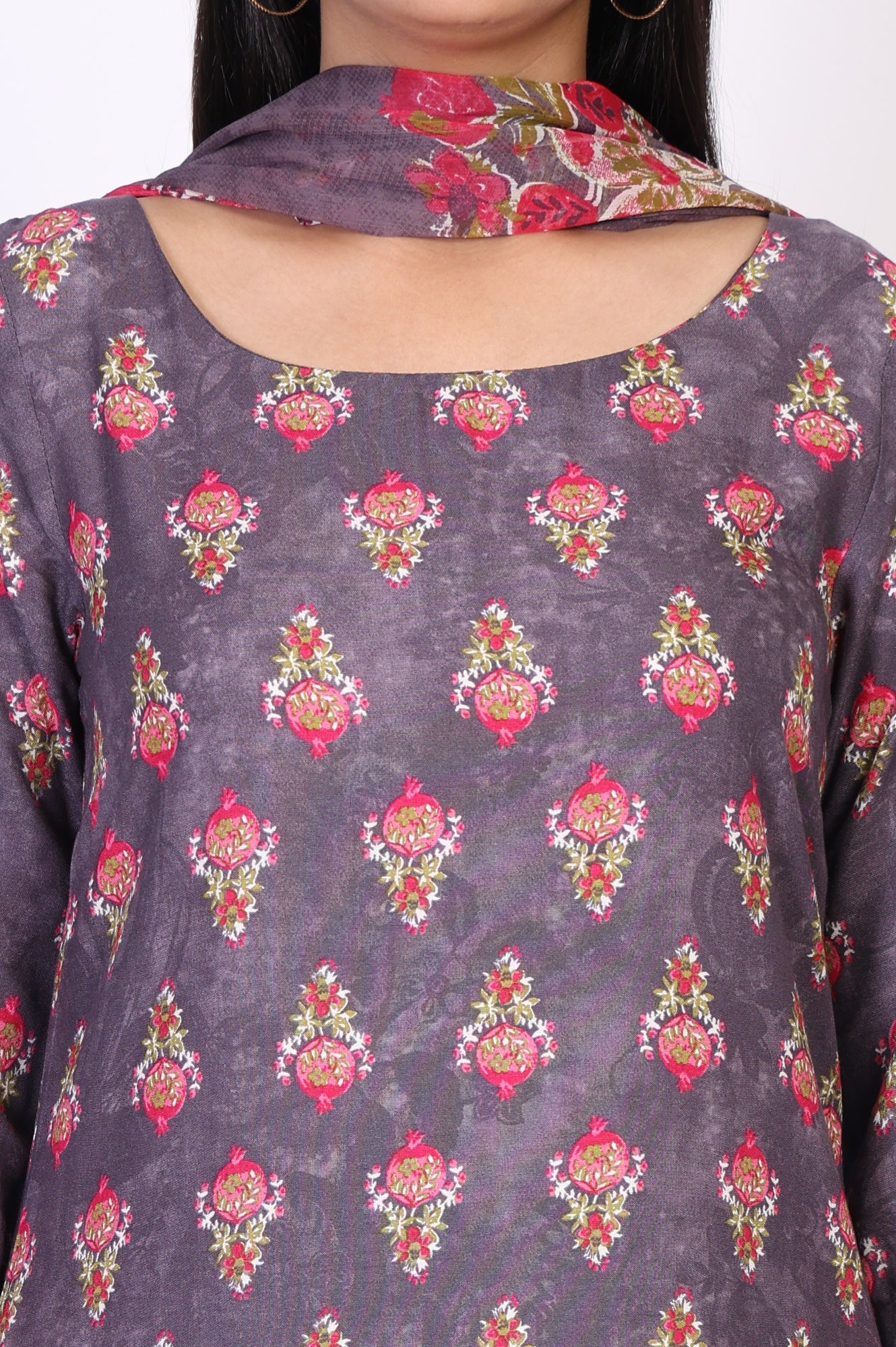 Purple Floral Printed Straight Cotton Kurta with Pant and Dupatta Set