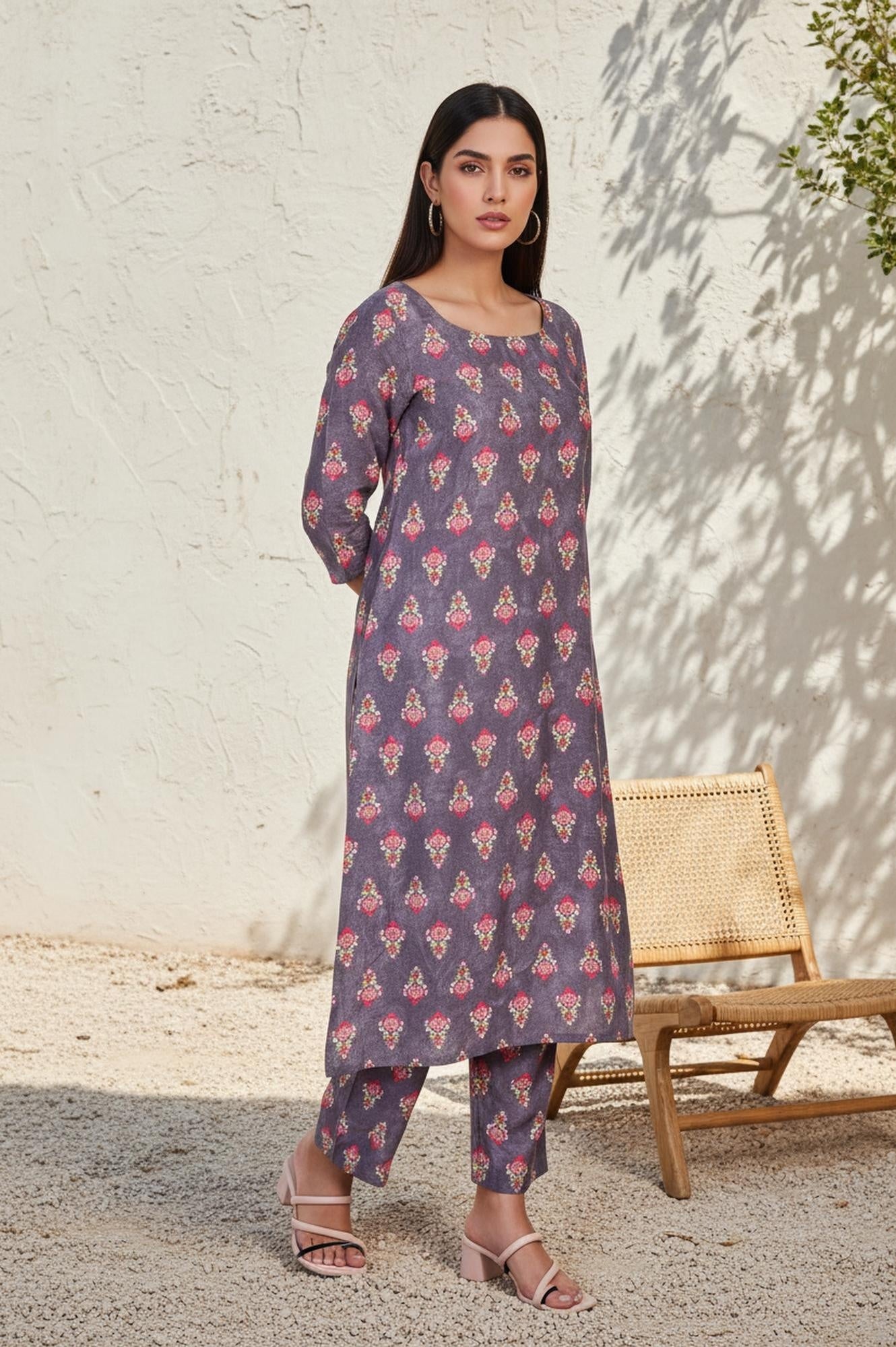 Purple Floral Printed Straight Cotton Kurta with Pant and Dupatta Set