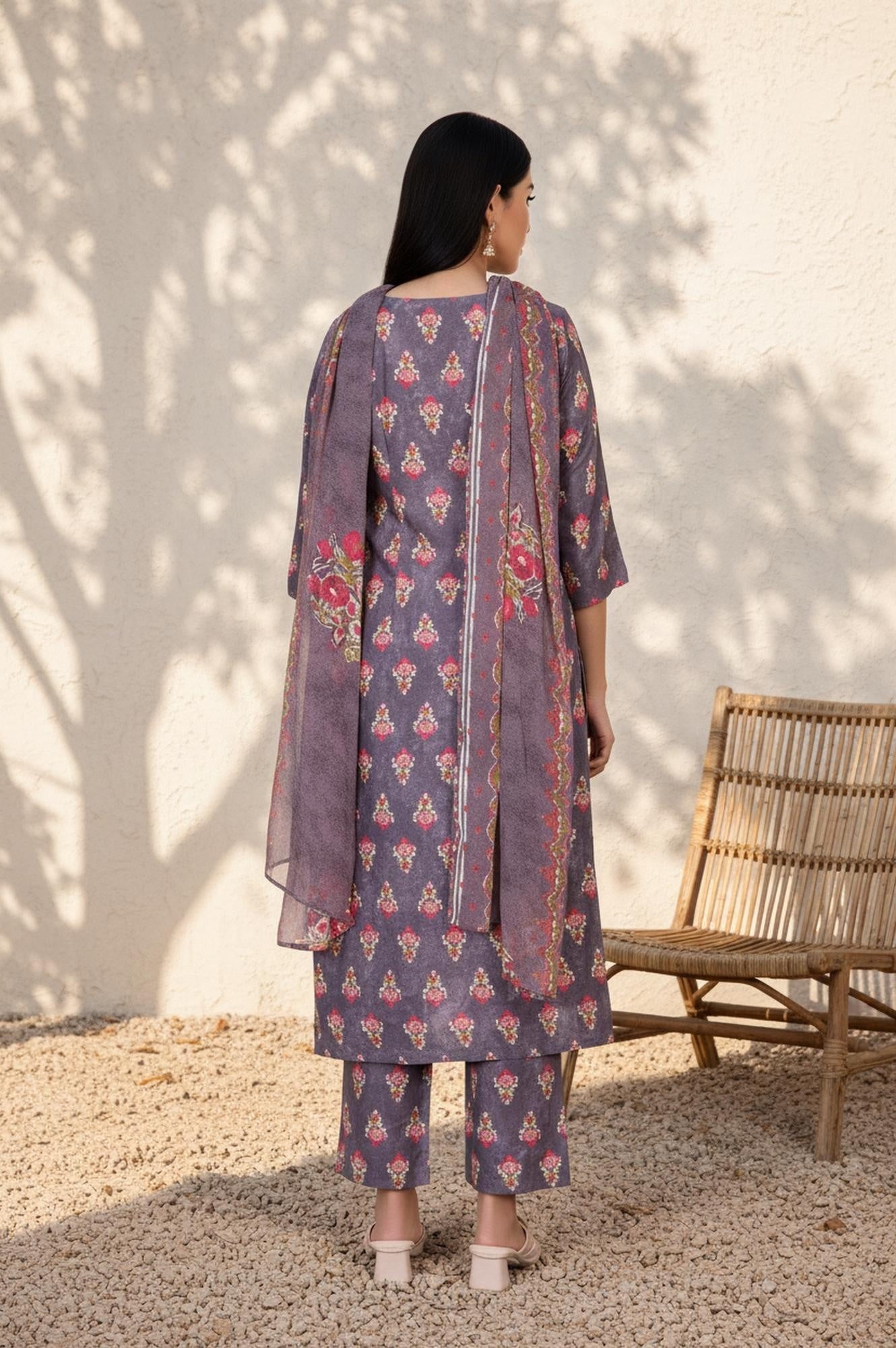 Purple Floral Printed Straight Cotton Kurta with Pant and Dupatta Set