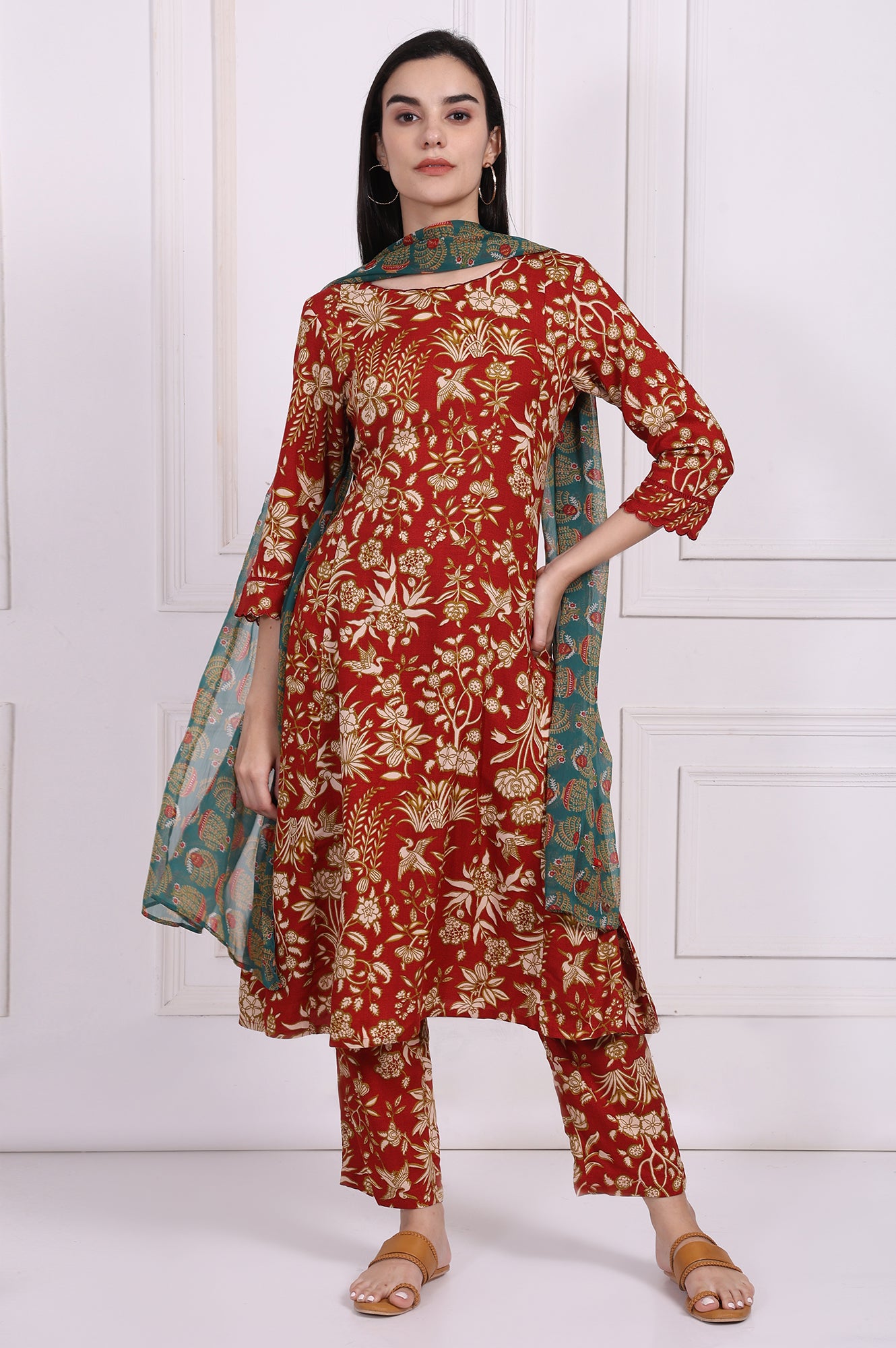 Red Floral Printed A-Line Kurta with Straight Pant and Dupatta Set