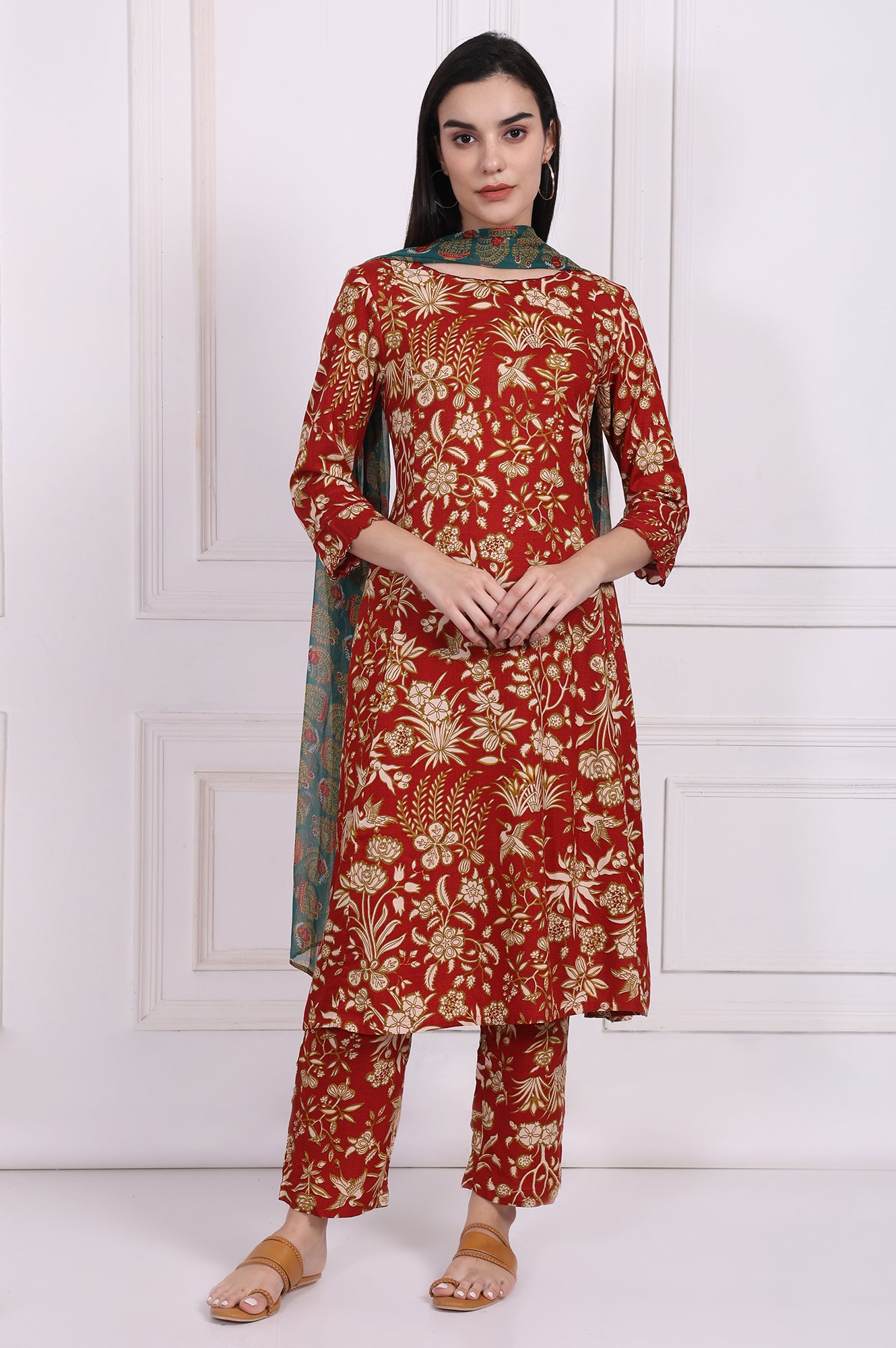 Red Floral Printed A-Line Kurta with Straight Pant and Dupatta Set