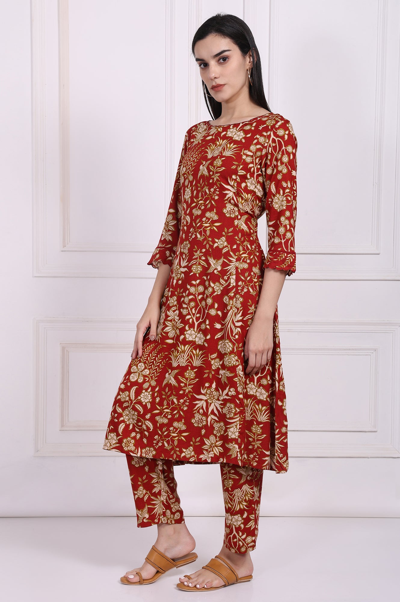 Red Floral Printed A-Line Kurta with Straight Pant and Dupatta Set