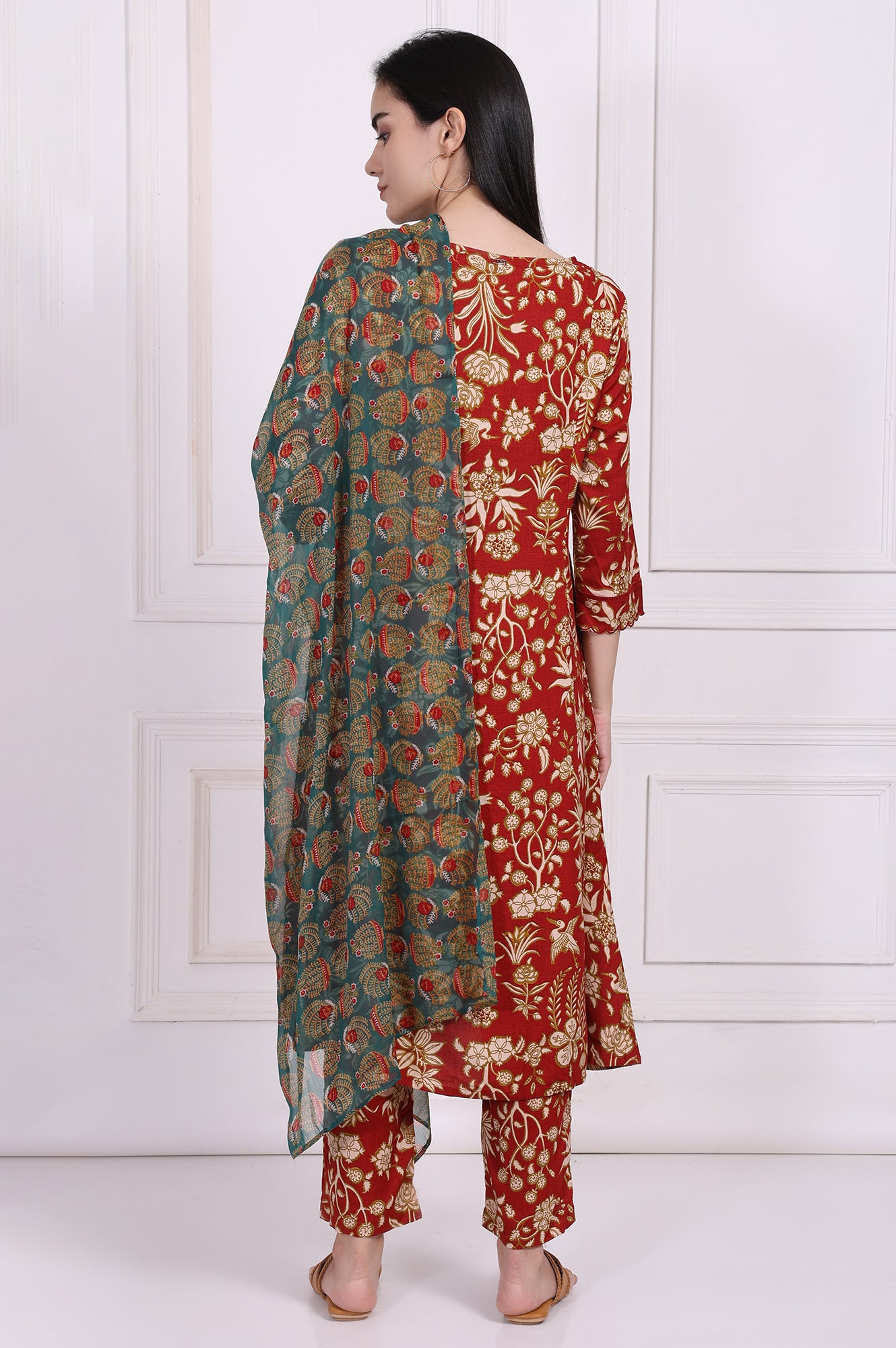 Red Floral Printed A-Line Kurta with Straight Pant and Dupatta Set