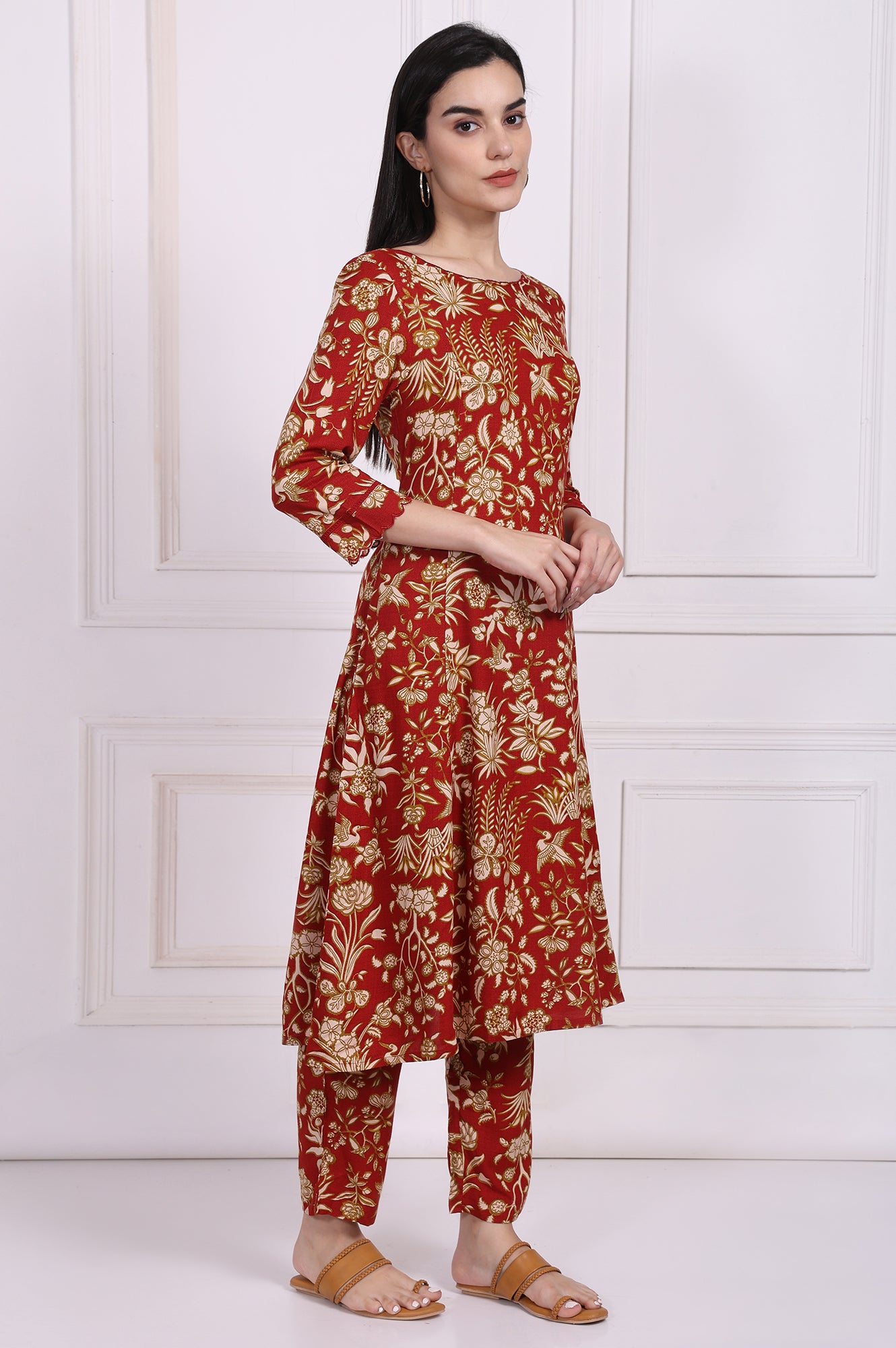 Red Floral Printed A-Line Kurta with Straight Pant and Dupatta Set