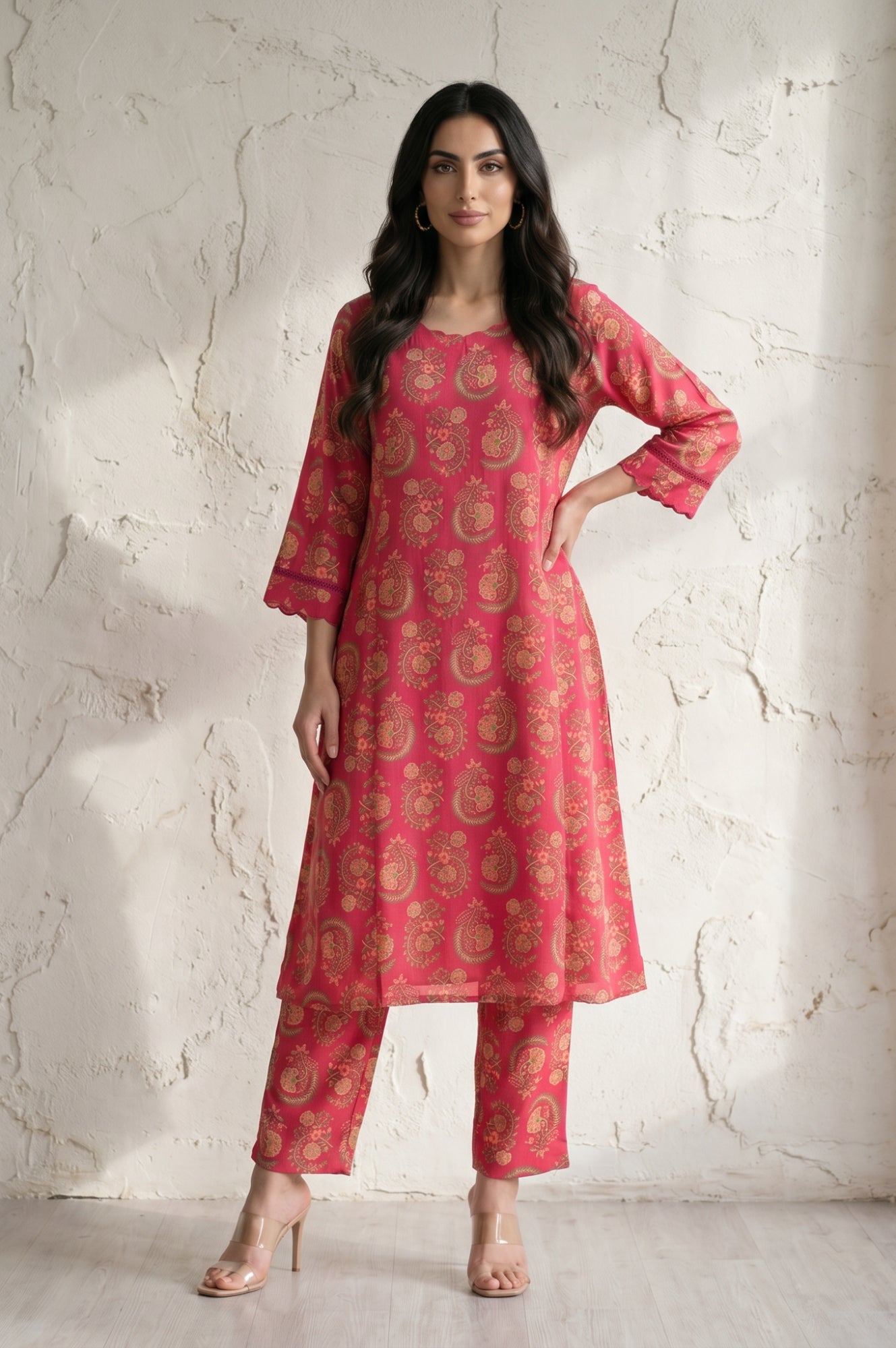 Pink Paisley Thread Embroidered Straight Fit Ankle Length Mid Rise Pants