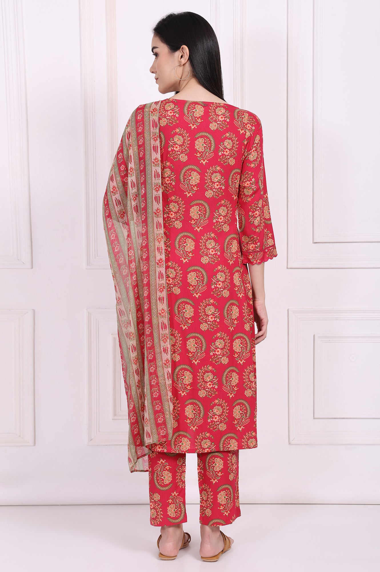 Red Ethnic Motifs Printed A-Line Rayon Kurta with Straight Pant and Dupatta Set