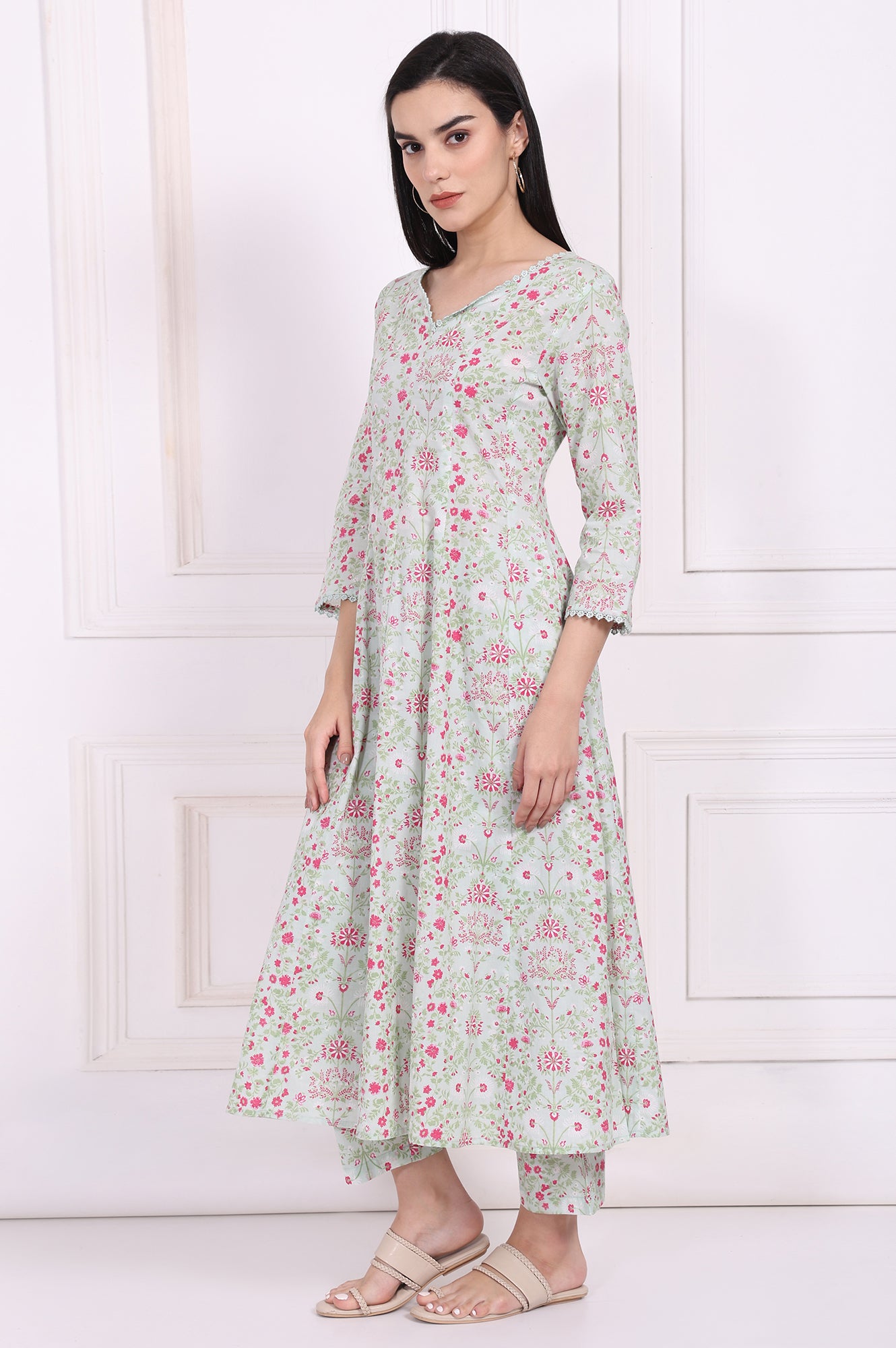 Light Green Floral Printed Lace Trim Anarkali Cotton Kurta with Straight Pant and Dupatta Set