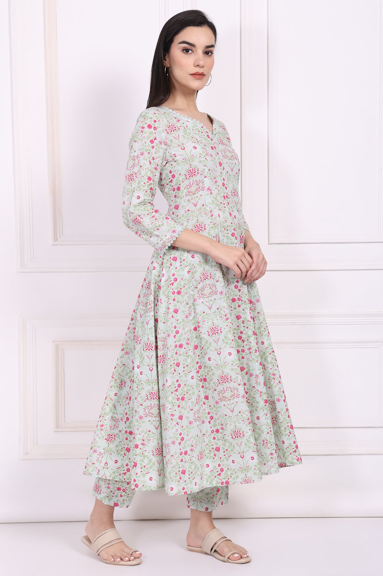 Light Green Floral Printed Lace Trim Anarkali Cotton Kurta with Straight Pant and Dupatta Set