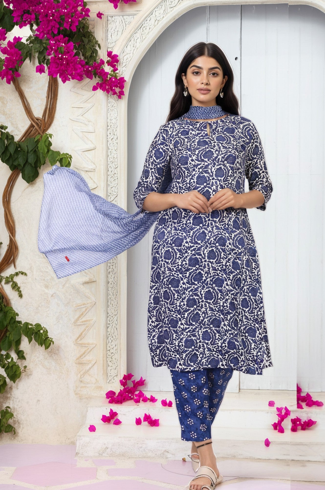 Blue Floral Printed Straight Kurta with Straight Pant and Dupatta Set