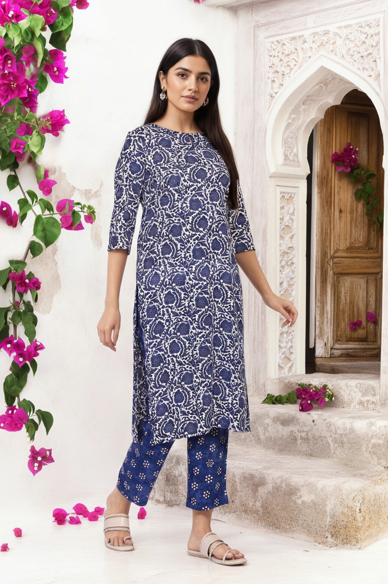Blue Floral Printed Straight Kurta with Straight Pant and Dupatta Set