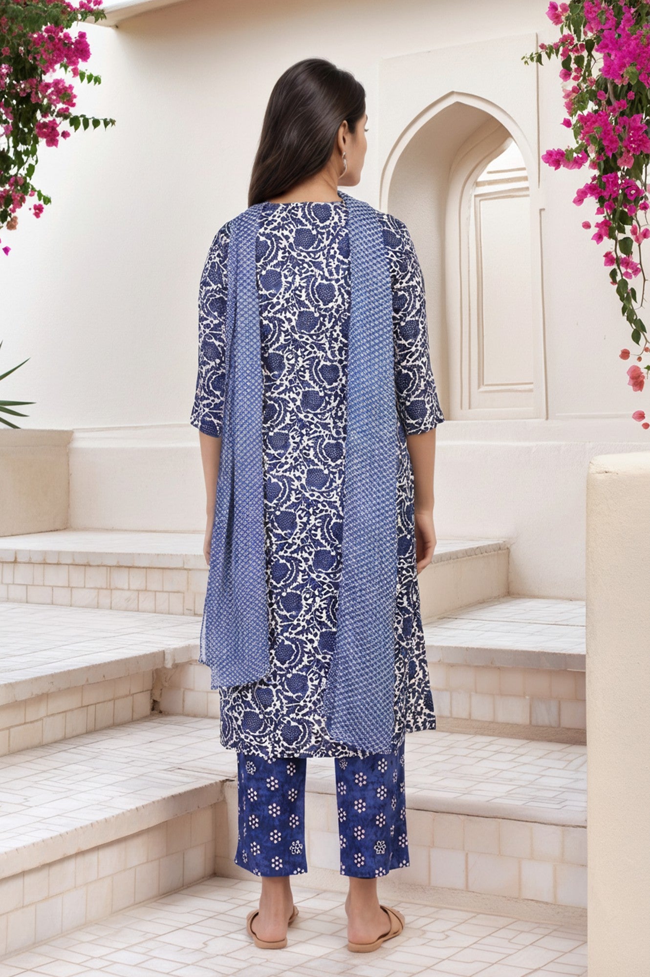 Blue Floral Printed Straight Kurta with Straight Pant and Dupatta Set