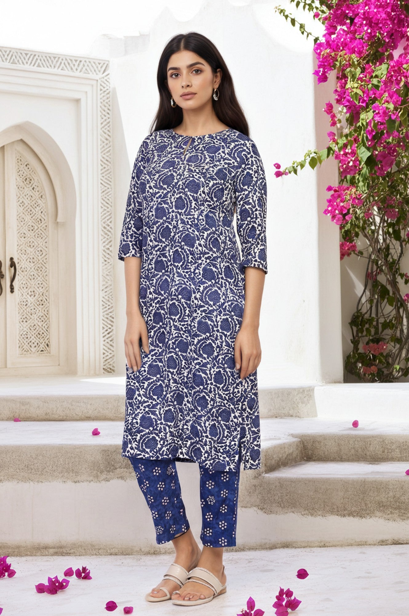 Blue Floral Printed Straight Kurta with Straight Pant and Dupatta Set
